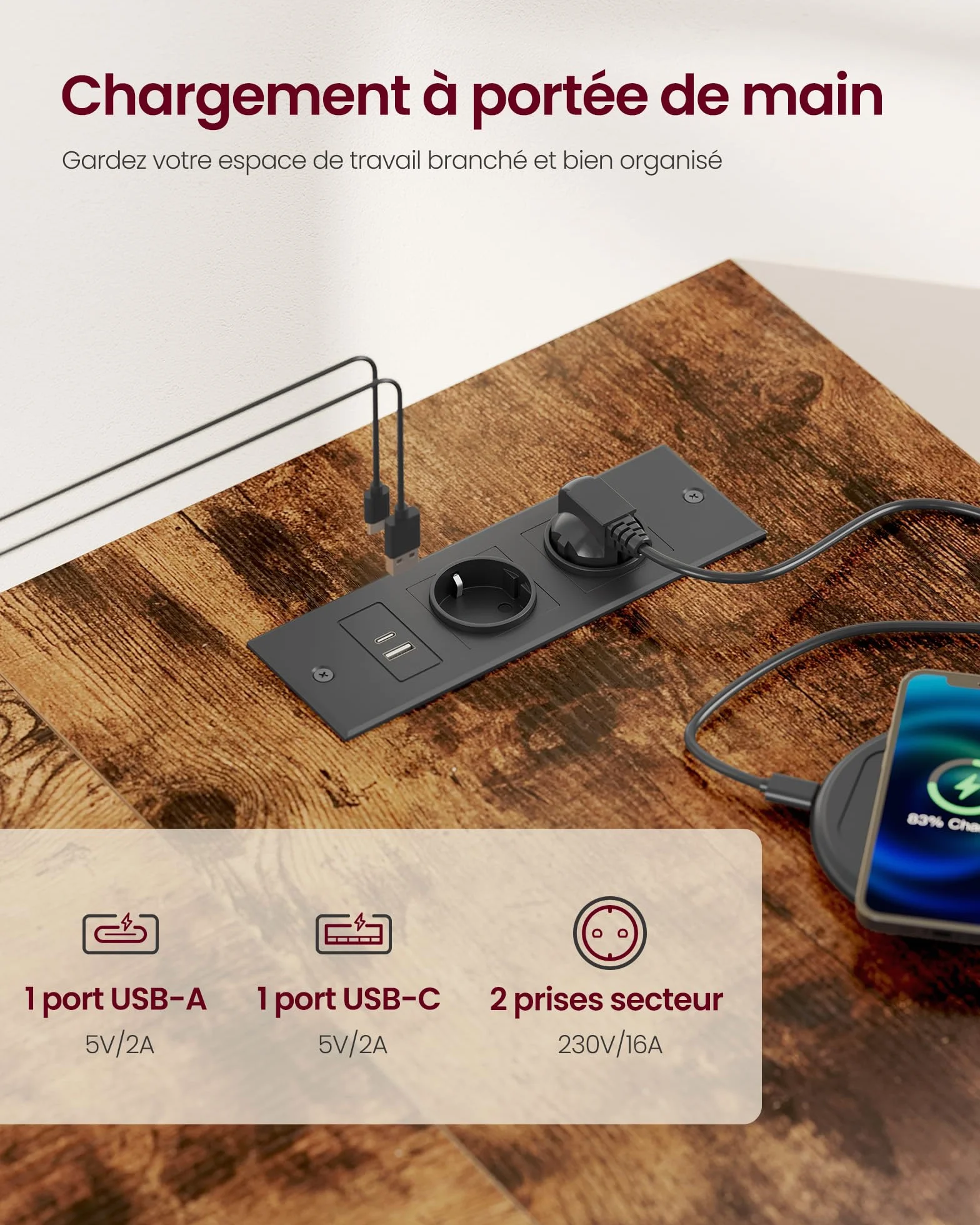 VASAGLE Bureau Gaming en L avec Rangement, Prises et Ports USB, 110 x 80 cm, Marron Rustique