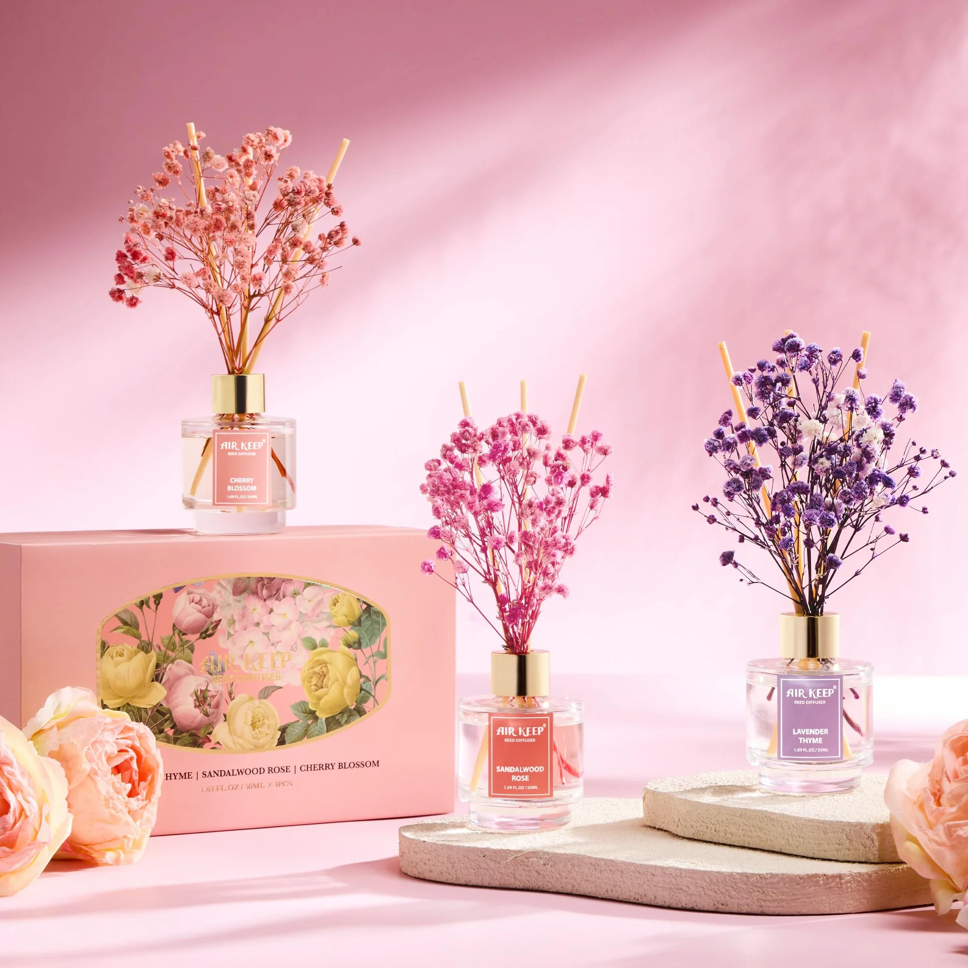 Airkeep Diffuseur de Parfum 50ml*3 Lavender Thyme Sandalwood Rose Cherry Blossom avec 24 Bâtonnets
