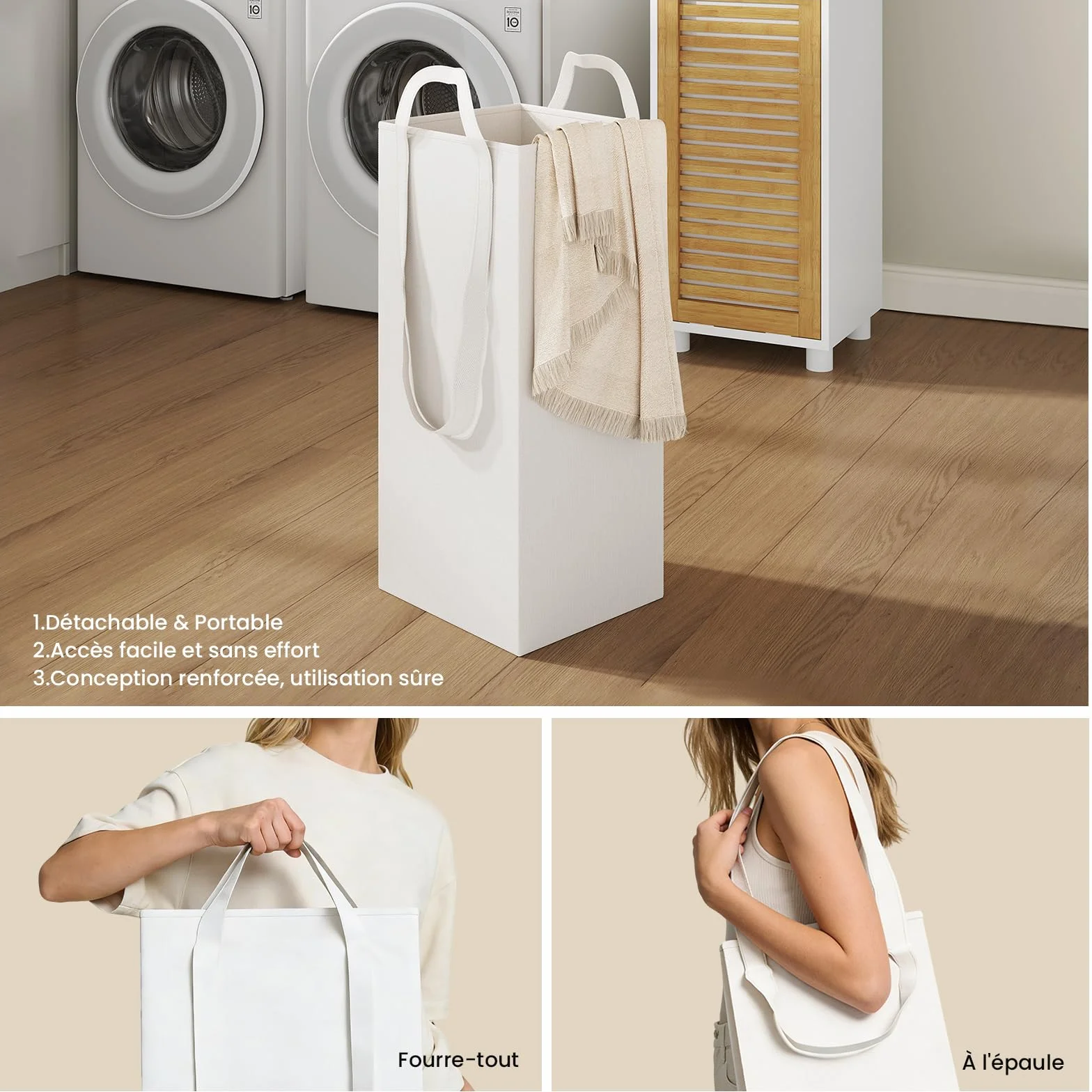 Meuble Colonne Salle de Bain, Meuble de Rangement avec Etagère Réglable, 2 Paniers à Linge, 2 Étagères Ouvertes et 2 Portes en Bambou, Armoire de Salle de Bain Haute, 30 x 30 x 170 cm