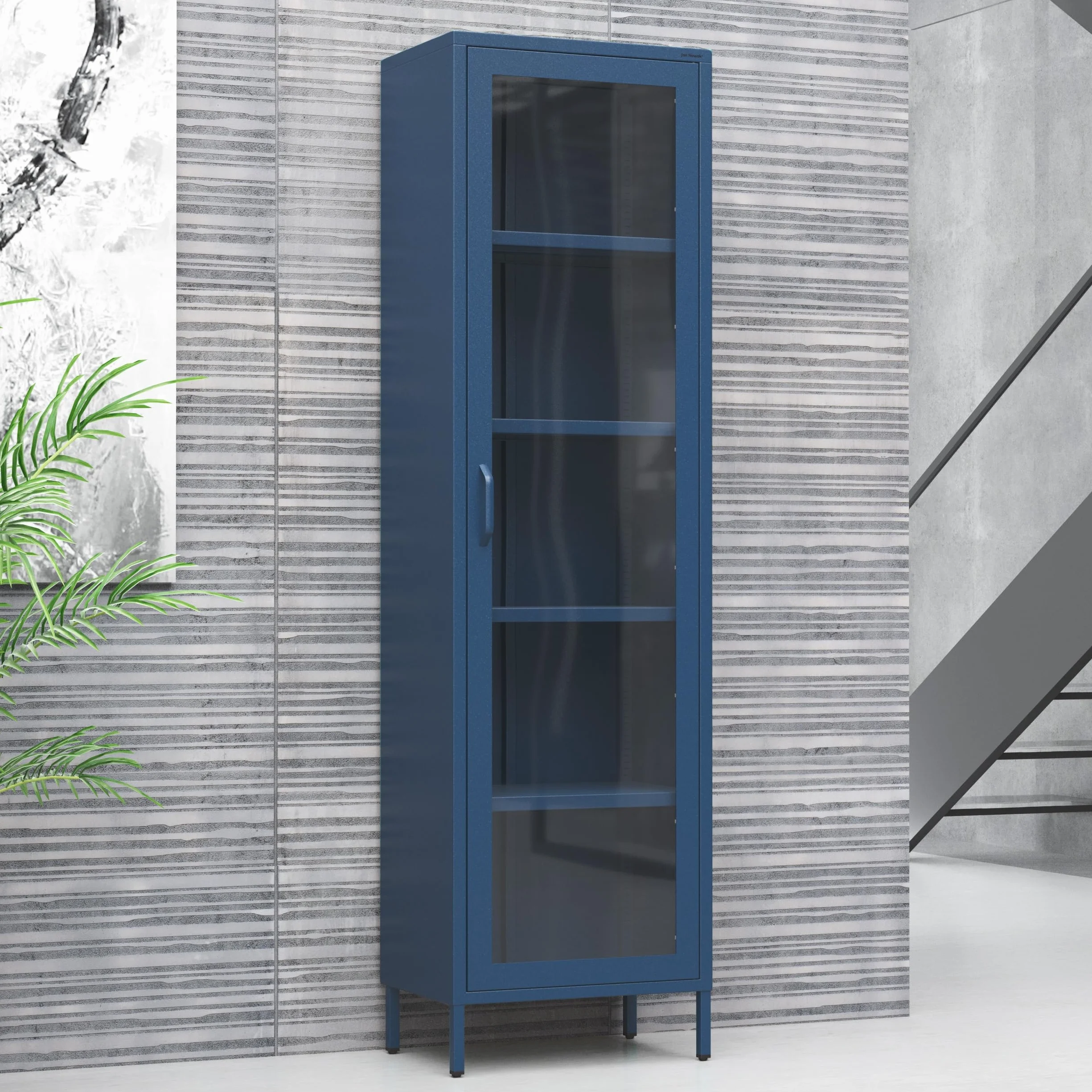 Jan Nowak Luigi Armoire vitrine à 1 Porte - 50 x 180 x 35 cm - 4 étagères réglables - Verre trempé - Montage Mural - Vitrine en Verre Debout - Armoire de Salon Scintillante - Bleu foncé