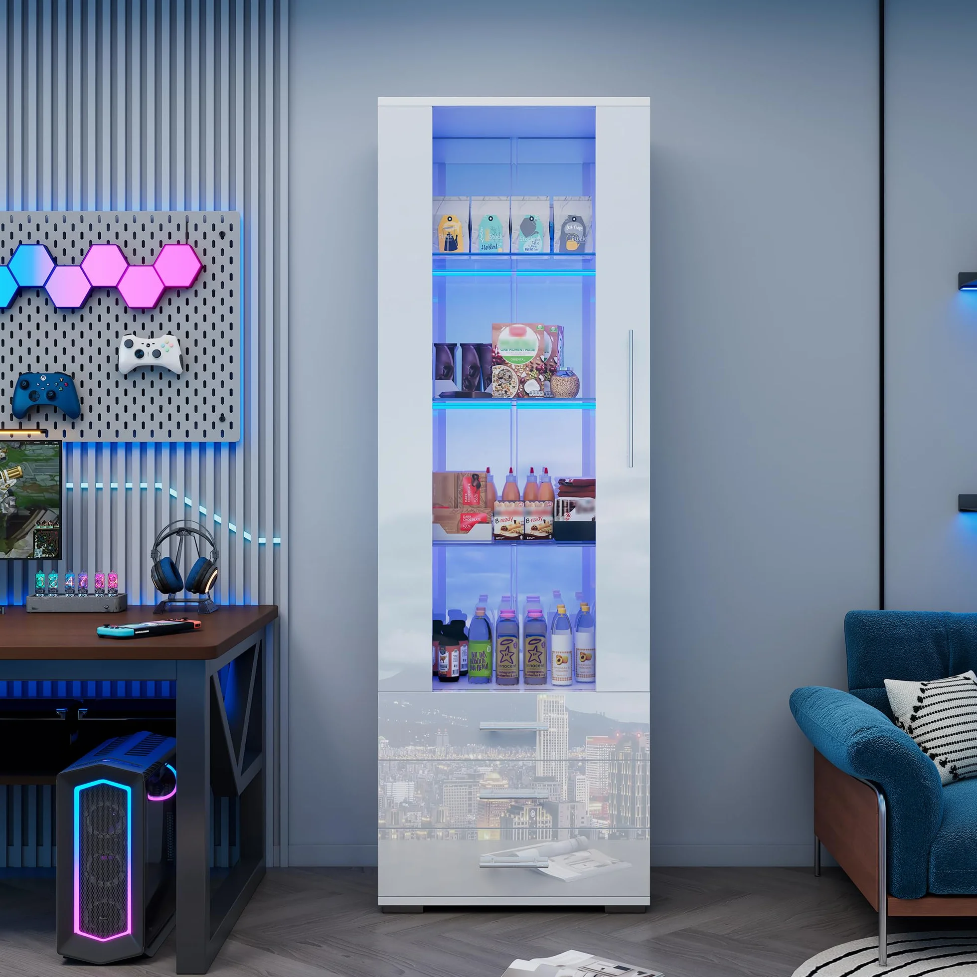 Merax Vitrine en verre avec éclairage LED blanc brillant avec portes et 3 tiroirs, armoire haute de 180 cm, armoire de cuisine, armoire polyvalente pour salon, chambre à coucher, bureau