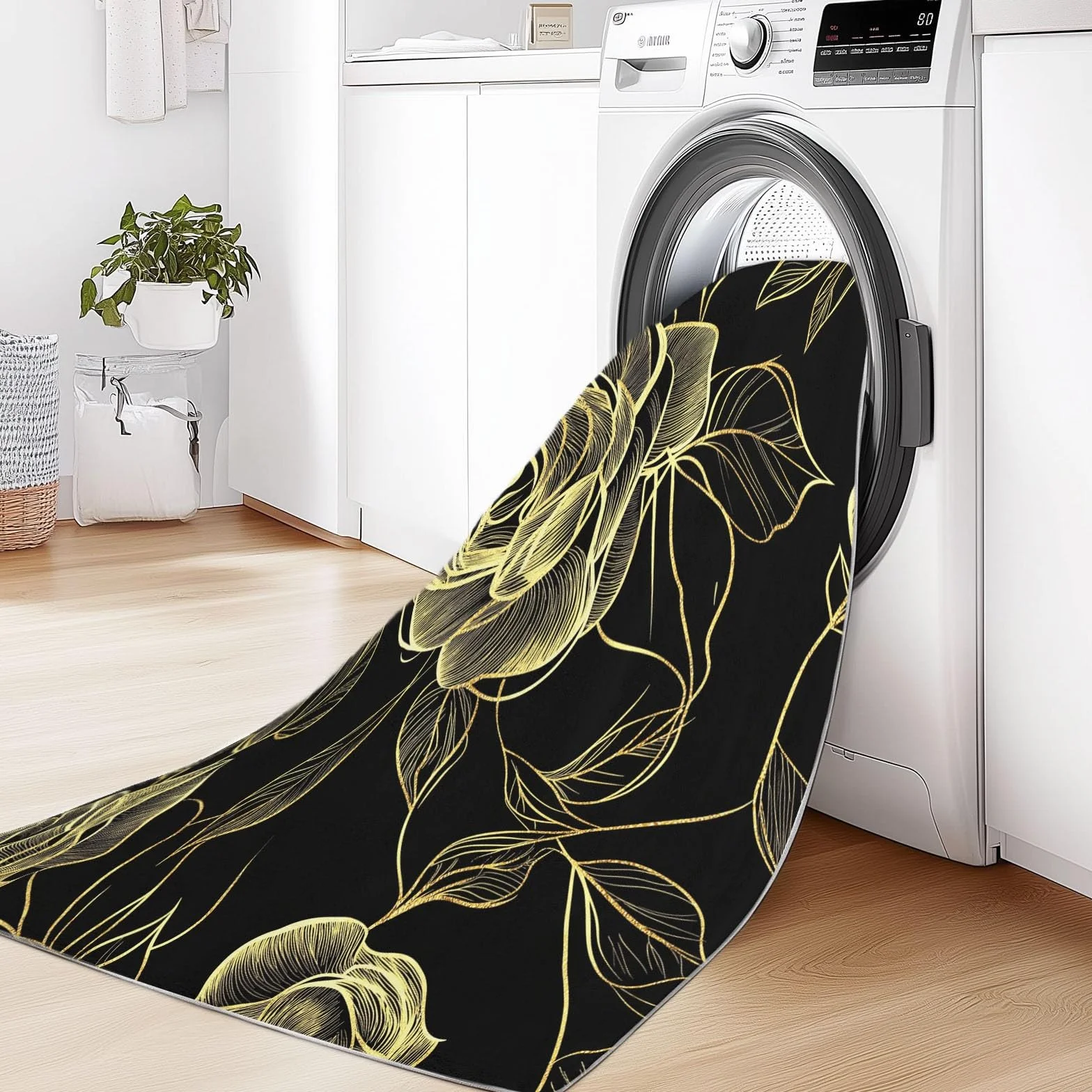 Tapis à Poils Ras, Conception de Lignes De Rêve De Roses Motif, Tapis Rectangulaire, Tapis Salon-Salle à Manger ou Adulte Chambre 140 x 200 cm Poil Court Léger Résistant Fin Doux, Noir Or