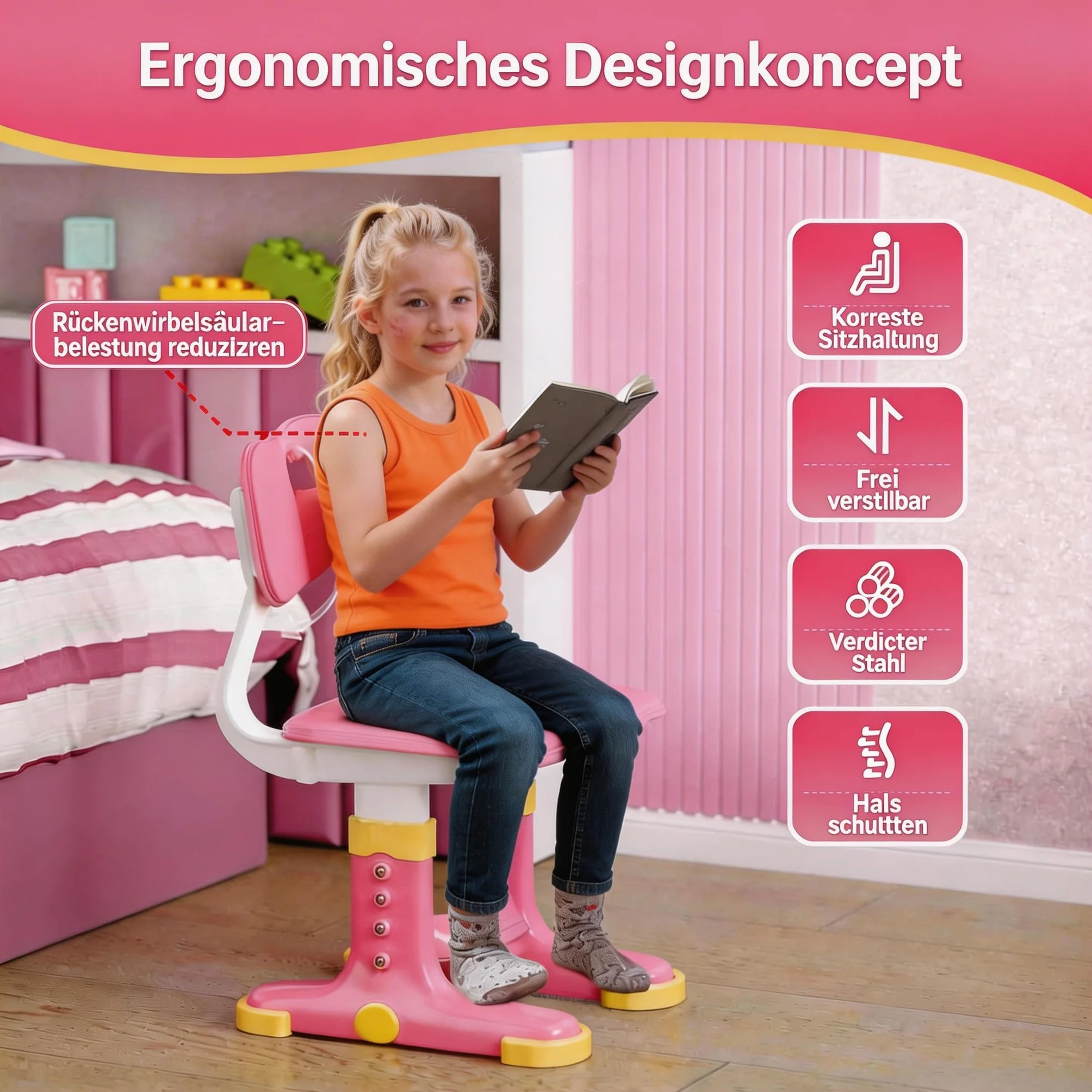 Ensemble de bureau pour enfant avec chaise réglable en hauteur, bureau d'apprentissage avec dossier château, surface de travail élargie, support de livre et tiroir de rangement pour chambre