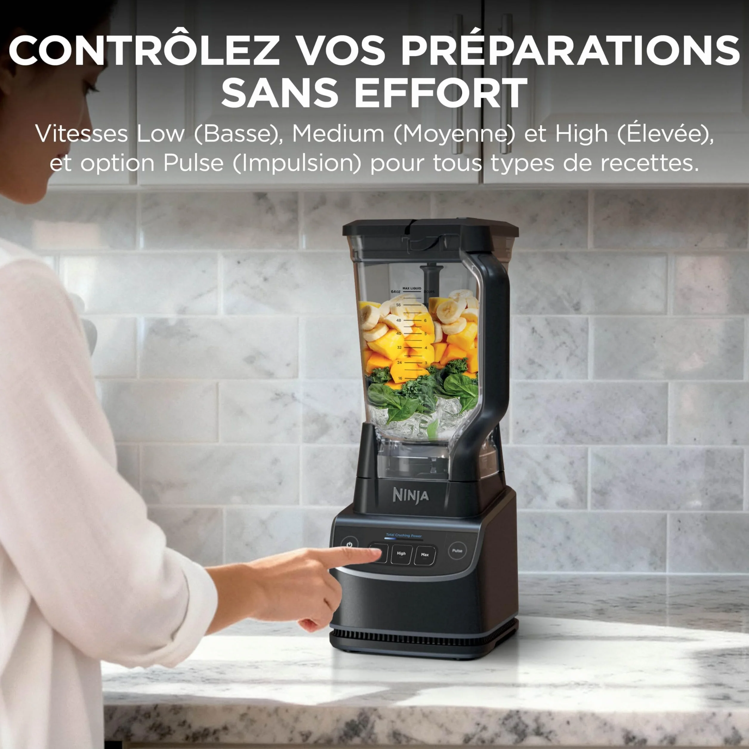 Ninja UltraCrush Mixeur Blender, 3 réglages de vitesse, mode manuel Pulse (Impulsion), grande carafe à capacité de remplissage maximal de 1,9 L, pour préparer smoothies, sauces et plus, Noir BP201EU