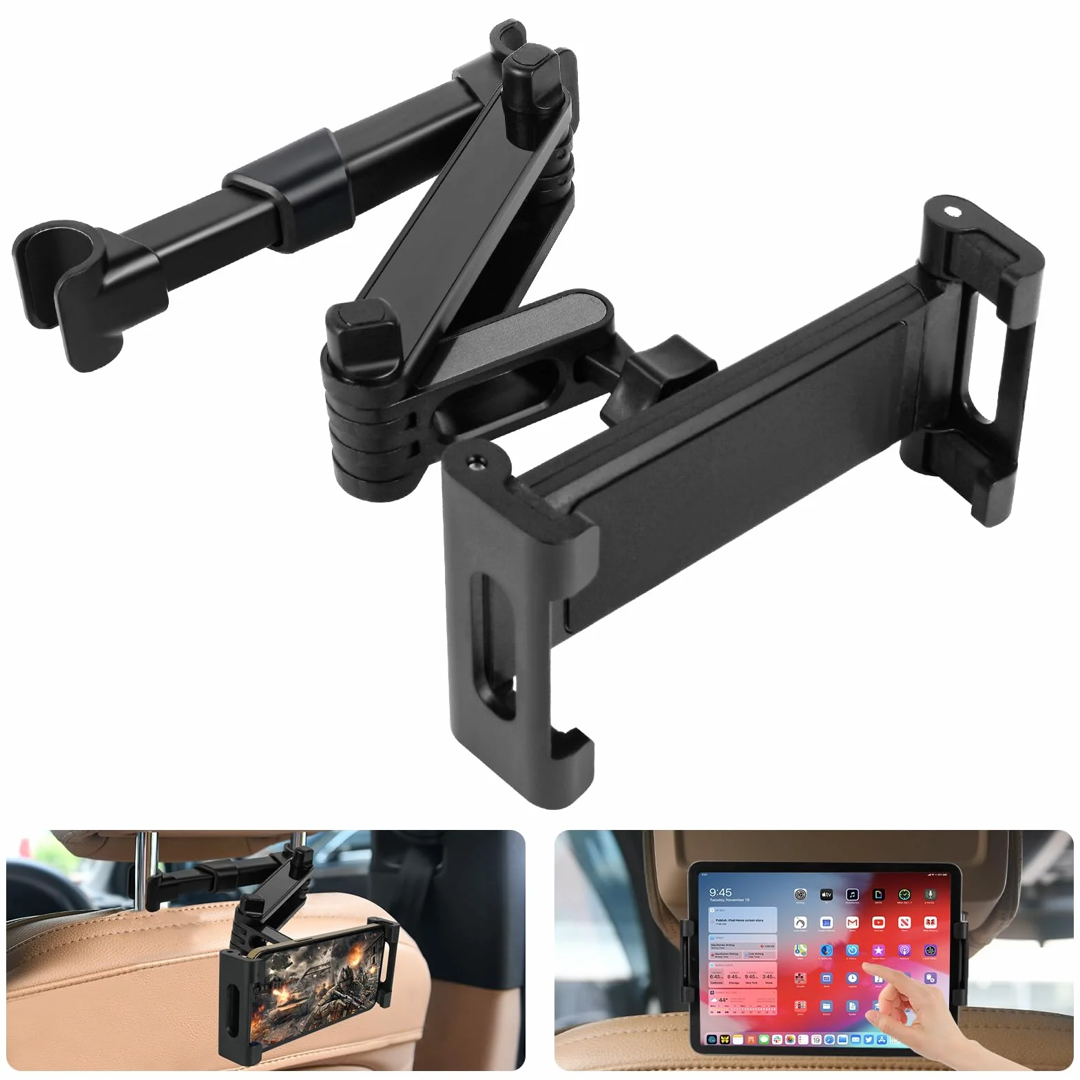 Uchwyt samochodowy URAQT do tabletu, uchwyt samochodowy do tabletu obracany o 360° ze składanym wysięgnikiem, uchwyt do tabletu w zagłówku, do iPada Pro, urządzenia 4,7–11 cali