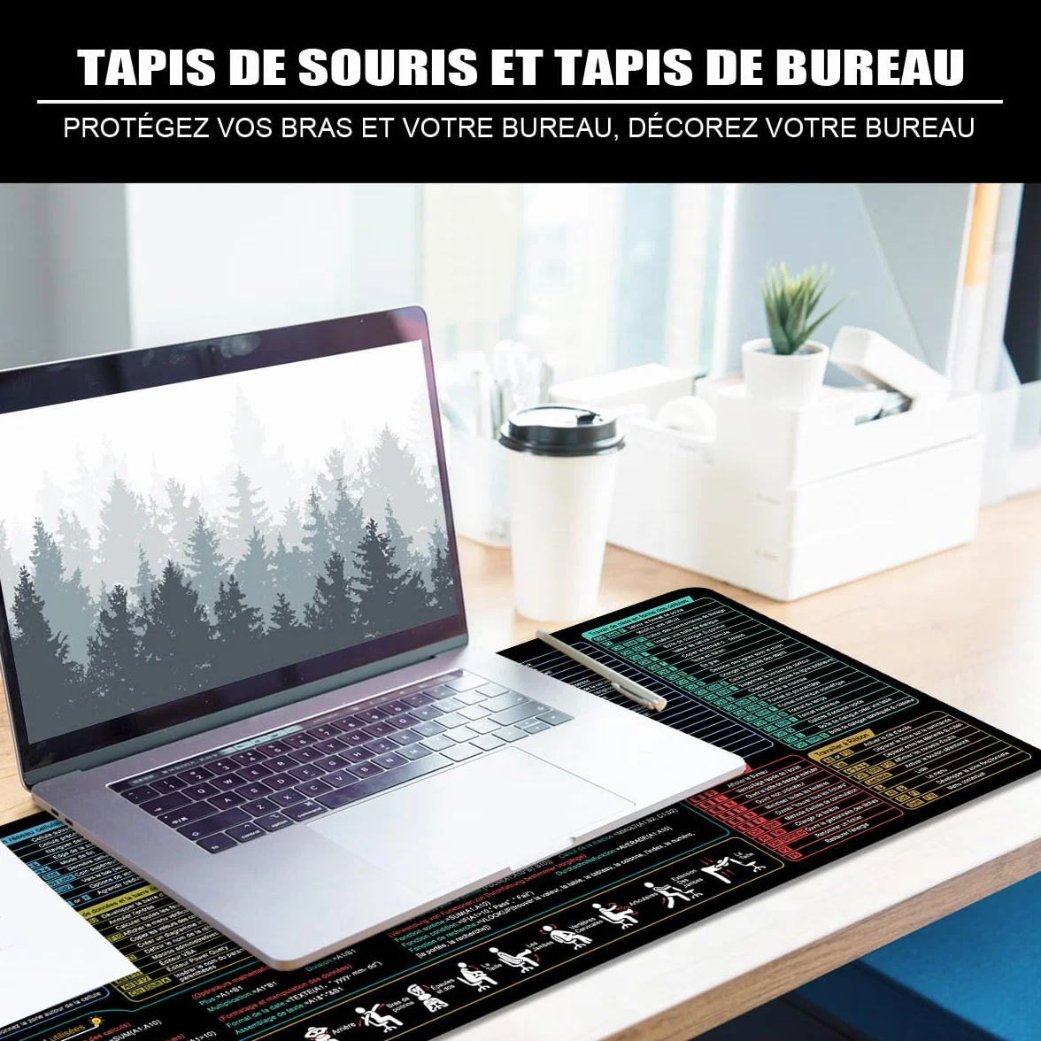 Excel Shortcuts Tapis de souris XL Grand tapis de souris de jeu Noir Sous-main Bureau