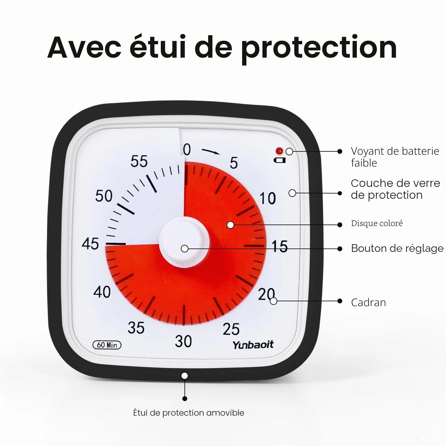 Yunbaoit Minuteur Visuel 60 Minutes Compte à Rebours avec Étui de Protection Rappel Batterie Faible Gestion du Temps Silencieux Noir