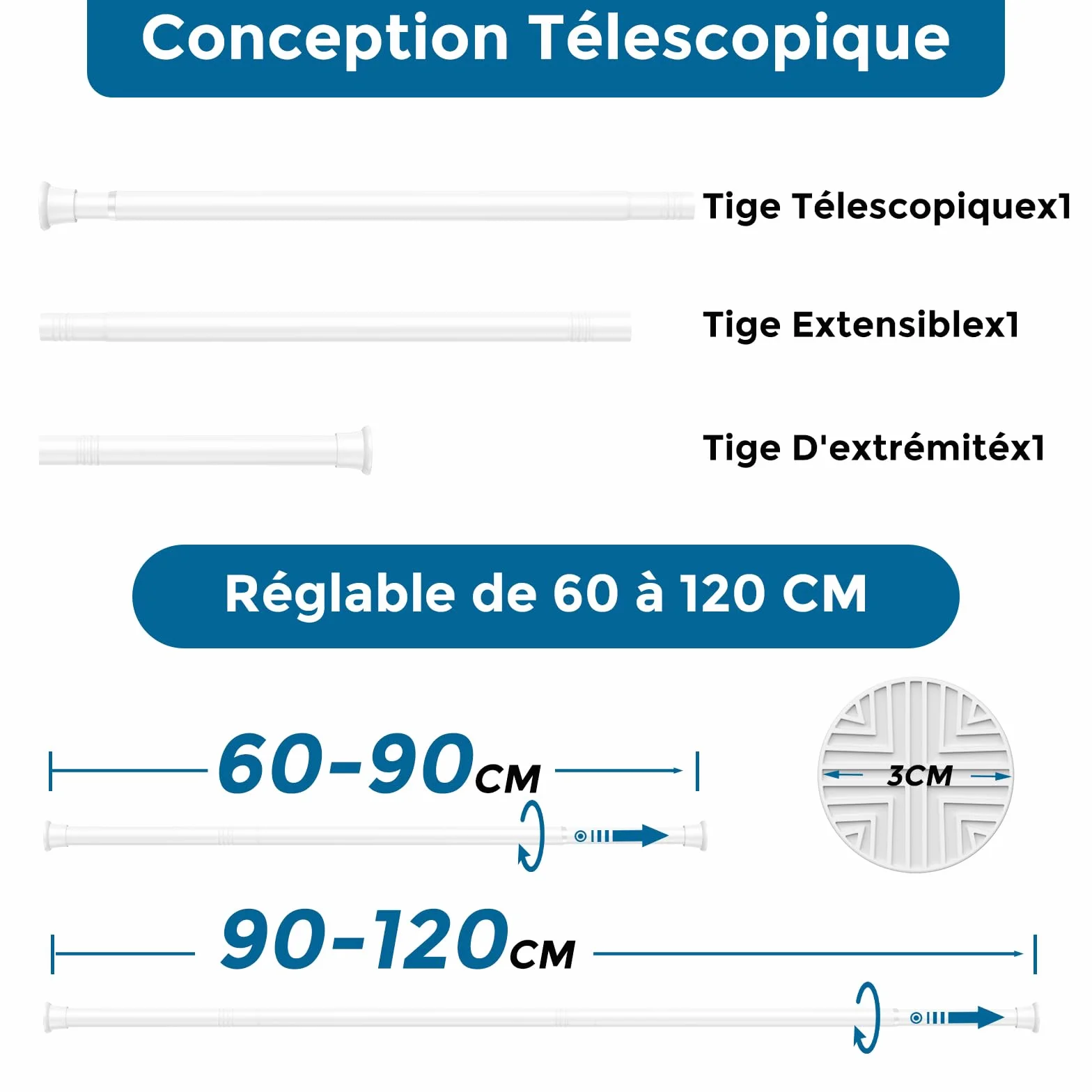 AIZESI Barre Rideau Sans Percage Extensible 60-120 cm Blanc Diamètre 18 mm