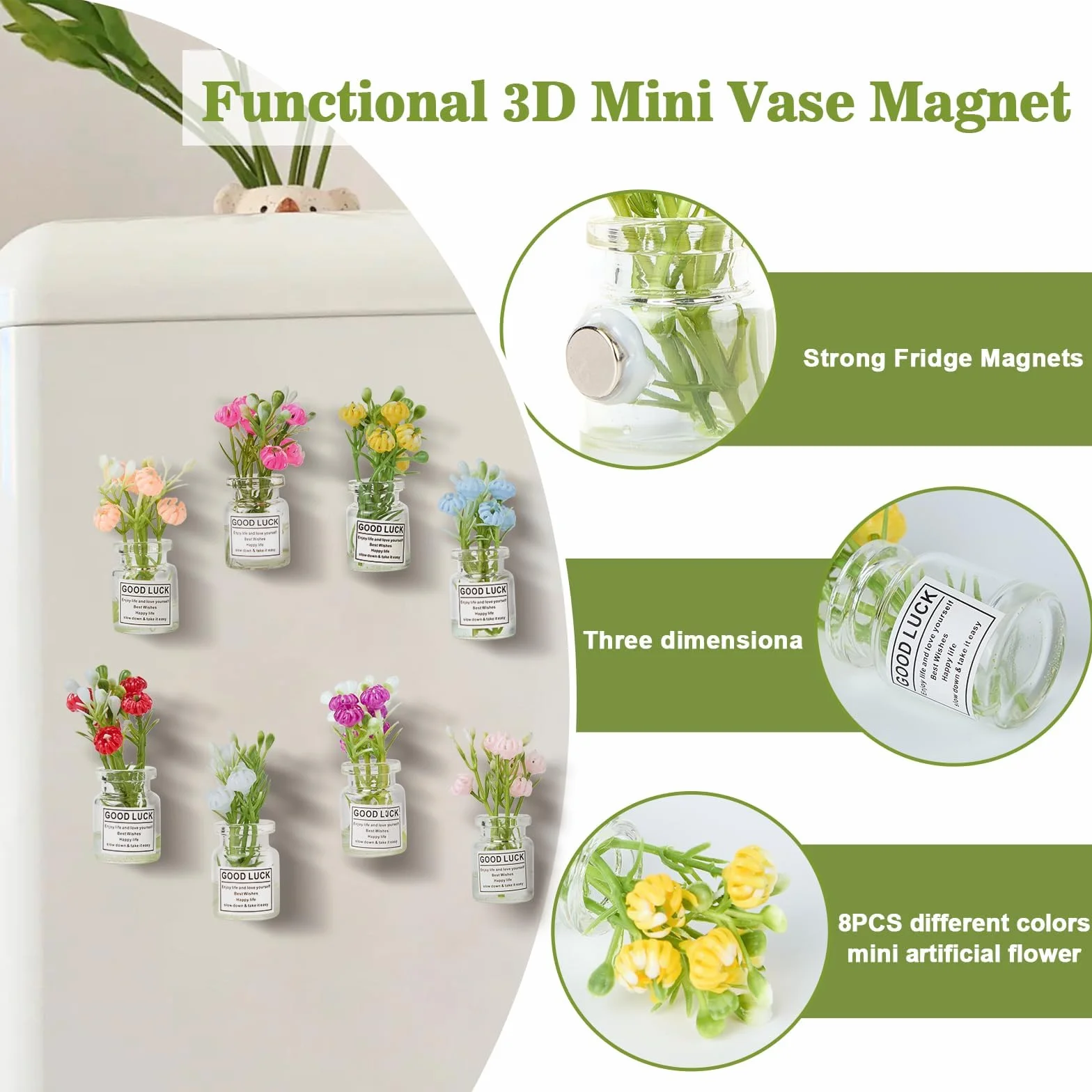 Mini Vases Aimantés pour Réfrigérateur, 3D Magnet Vase Frigo Décoratif, Lot de 8