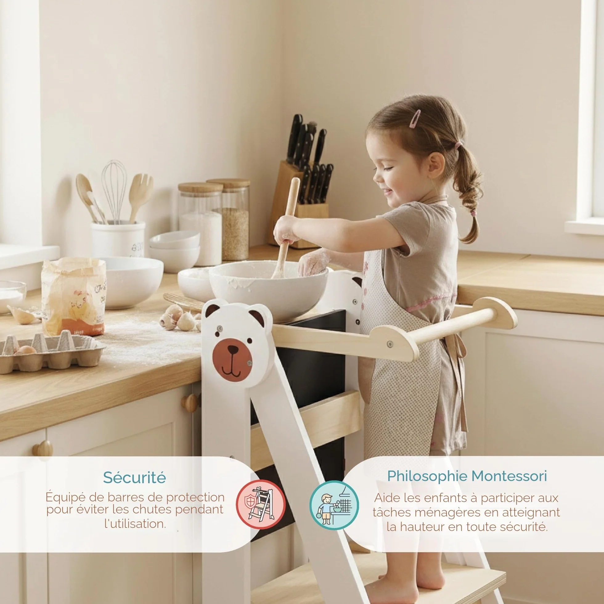 Buddy Baby Xplora - Tour d'apprentissage et tour d'aide dans la cuisine avec tableau - 3 en 1 - Pliable et avec 2 hauteurs - Marches pour enfants avec montage facile