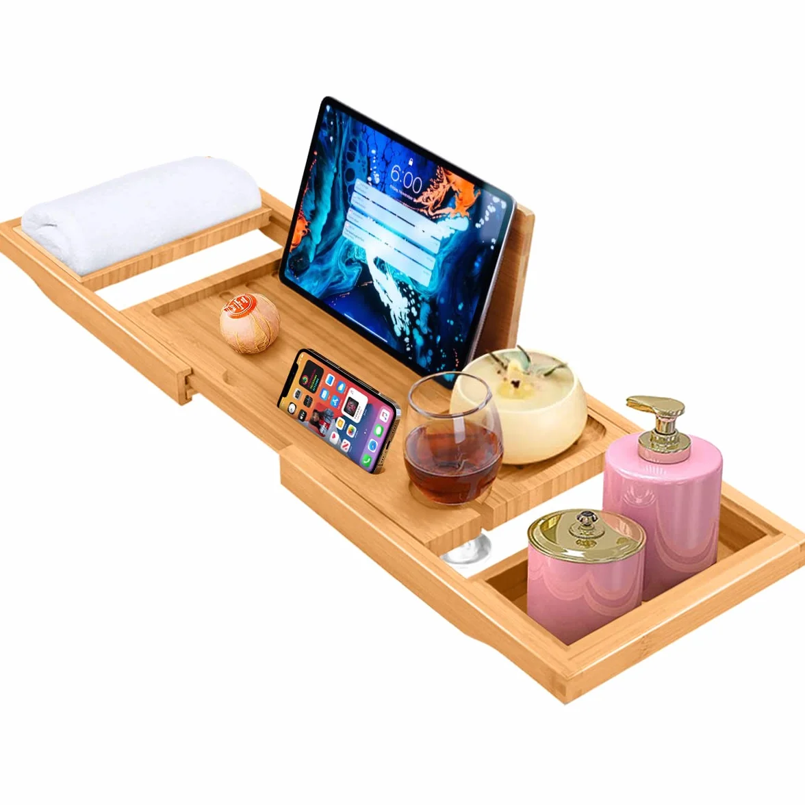 ADOV Pont de Baignoire Extensible en Bambou Naturel avec Porte-Bougie, Verre, Livre, Téléphone, Antidérapant