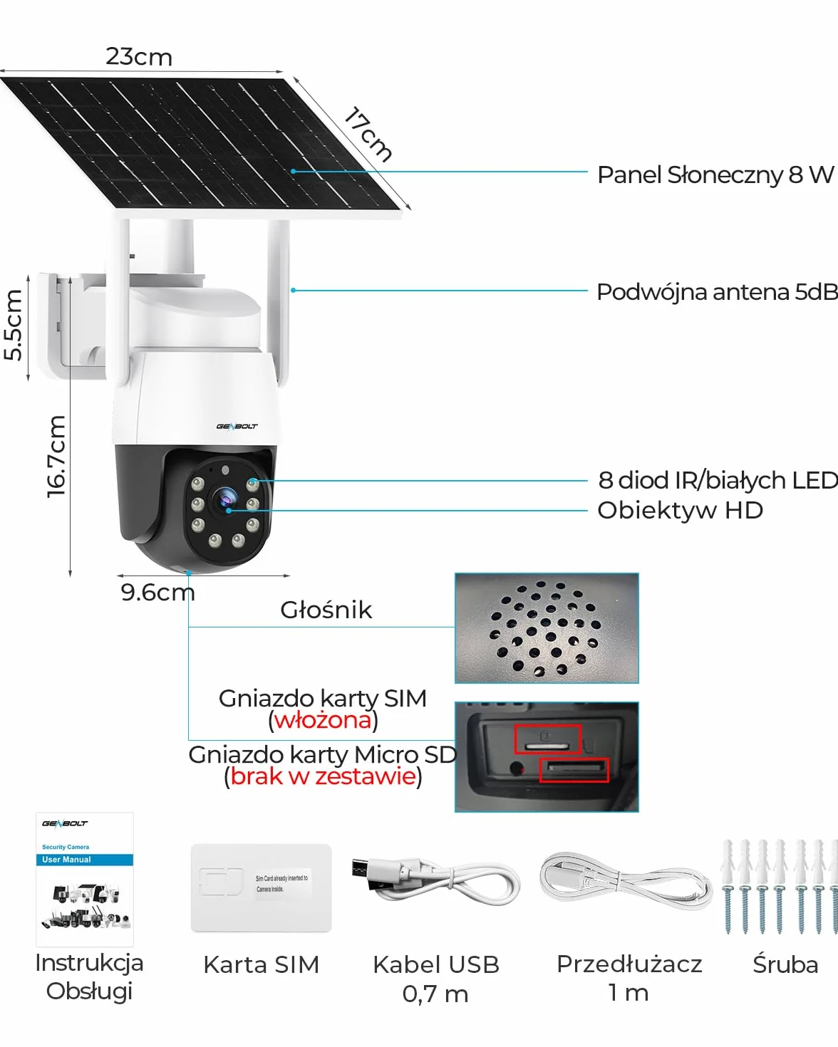 GENBOLT 4G AOV Kamera Zewnętrzna Solarna(Bez WiFi),Nagrywanie 7/24 3MP IP Zewnętrzna Kamera Monitoringu CCTV z Kartą SIM, Odległość Wykrywania AI 90 Stóp,Akumulator 8W 10400mAh,Funkcja Noktowizyjna