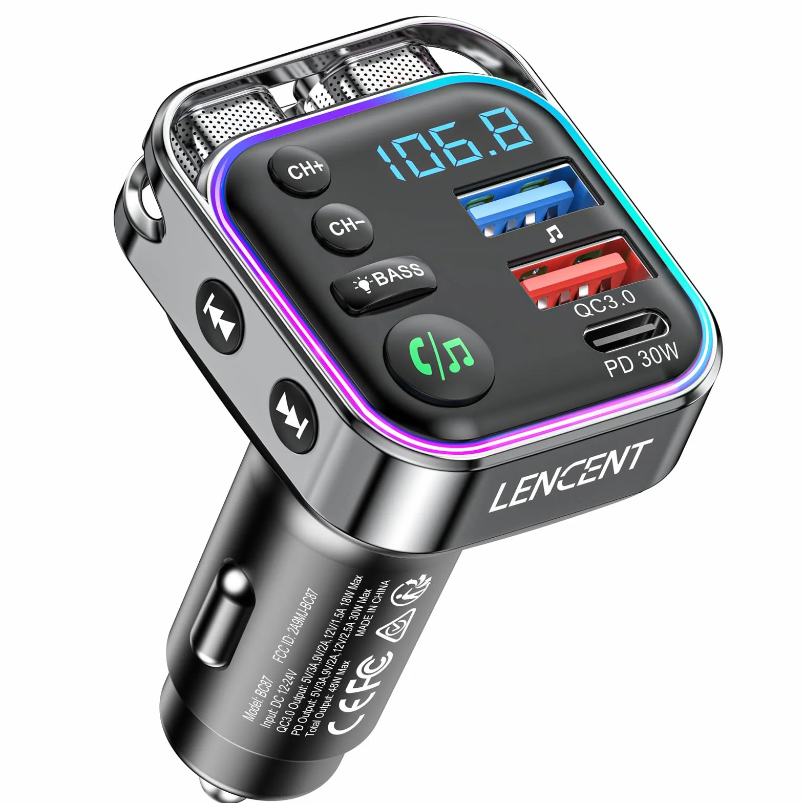 Lencent Bluetooth 5.3 nadajnik FM 48 W (PD30W i QC18W) szybka ładowarka, włącznik światła, dźwięk Hi-Fi bas, odtwarzacz muzyki, obsługa