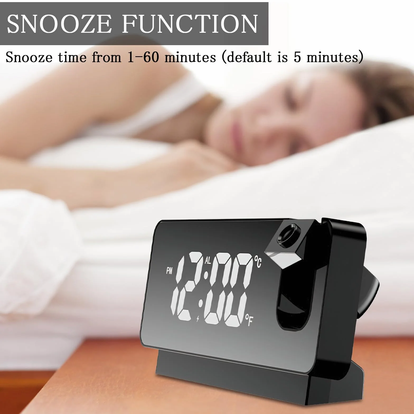 TNSLAND Réveil à Projection LED numérique 180° avec Snooze, Double Gong, Température USB