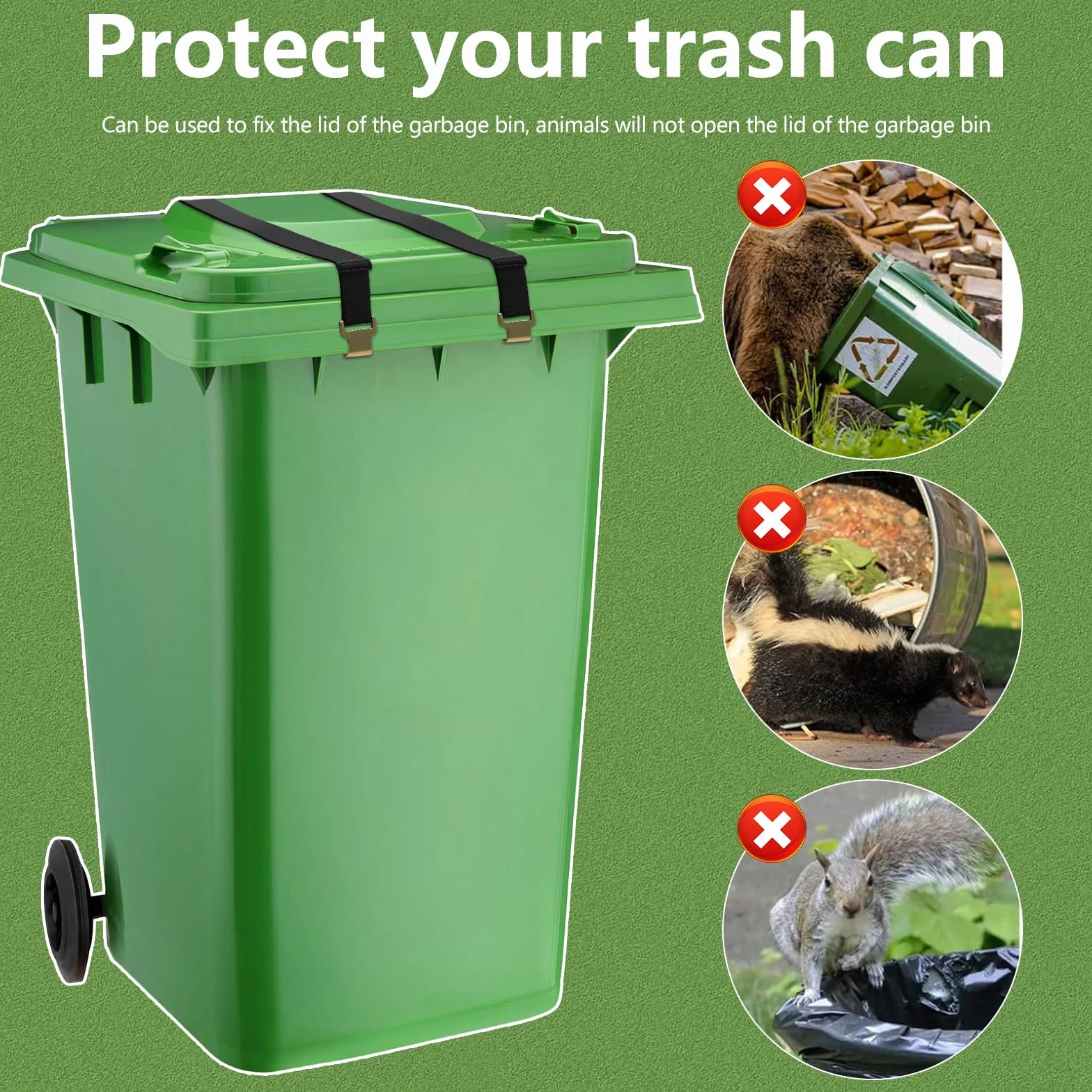2 pièces de verrouillage pour conteneur à ordures, couvercle de poubelle réglable avec griffe métallique, aucun perçage nécessaire, pour les poubelles publiques, pour empêcher l’intrusion d’animaux