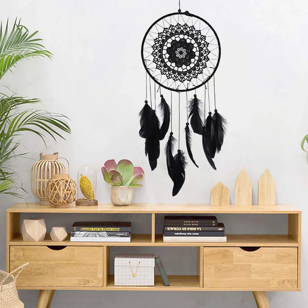 Joyzan Attrape Rêves Fait à la Main Arbre de Vie Plumes Murale Cadeau Coton Naturel Noir Art Décor Mural