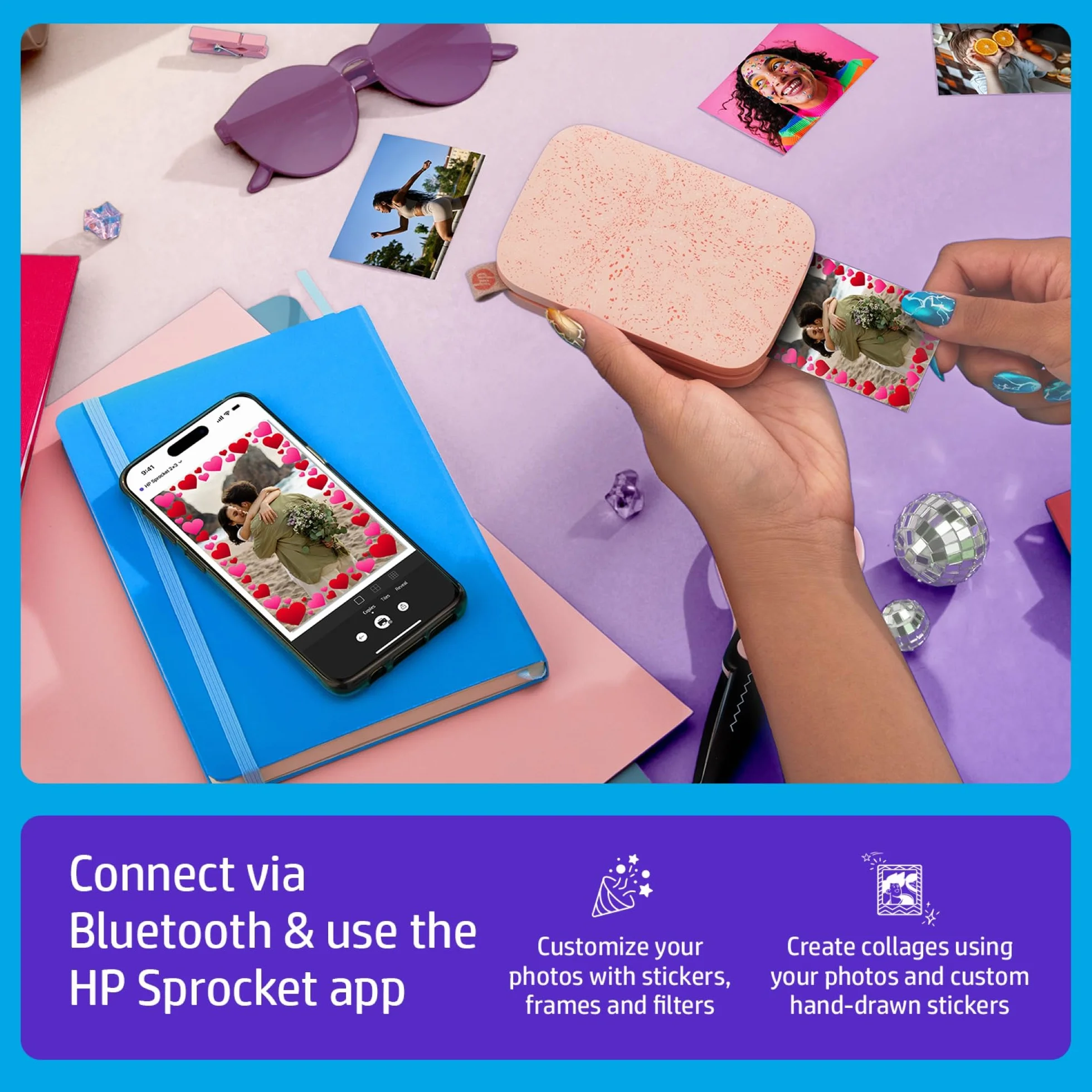 HP Zębatka przenośna 5 x 7,6 cm natychmiastowa drukarka zdjęć Różowy wydrukuj ZINK na papierze z ZINKz urządzeń z systemem iOS i Android, Pink, Printer