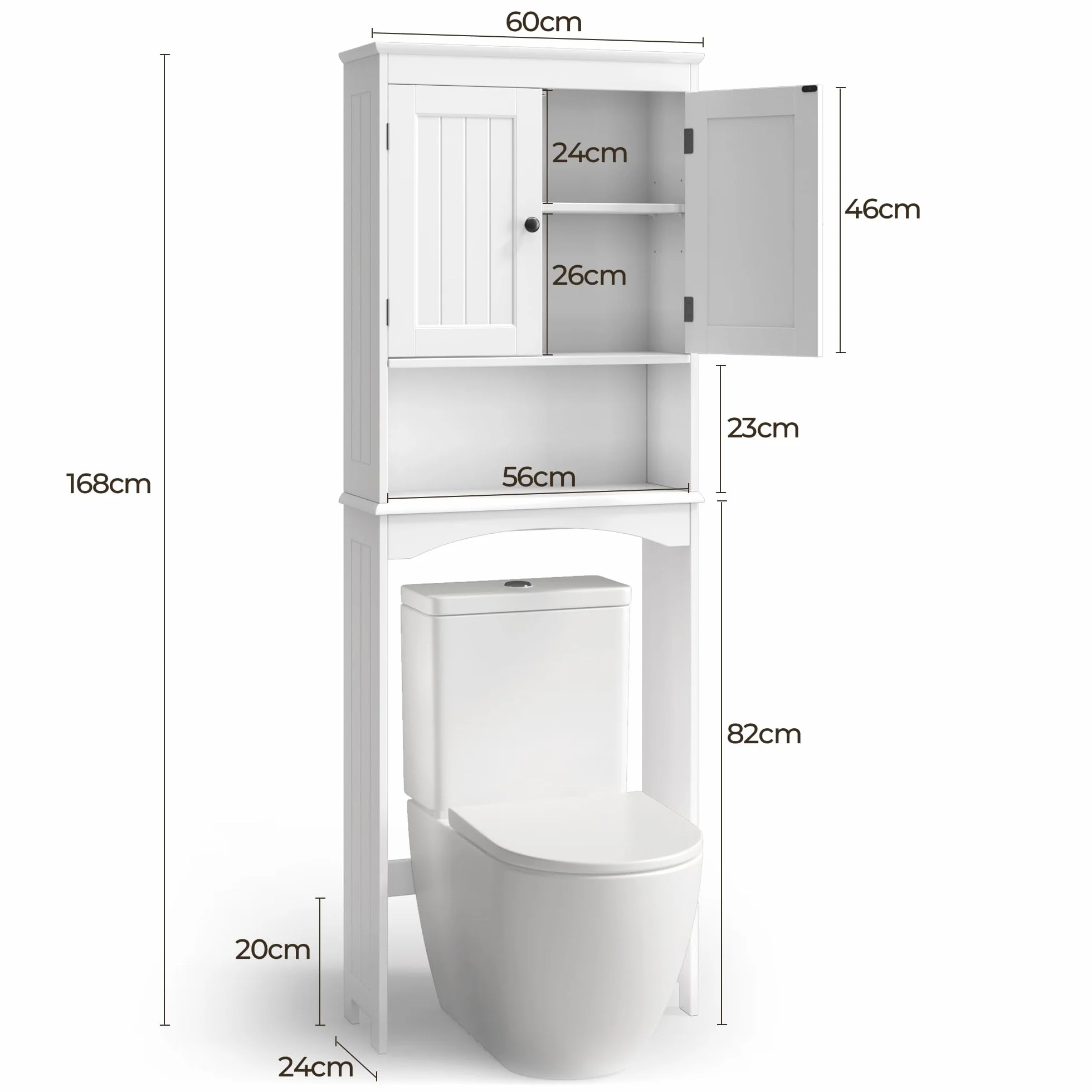 Armoire de Salle de Bain,Meuble Toilettes WC Rangement, Meuble au-Dessus des Toilettes, étagère réglable,pour Salle de Bain, Toilettes,167×60×23cm,Blanc