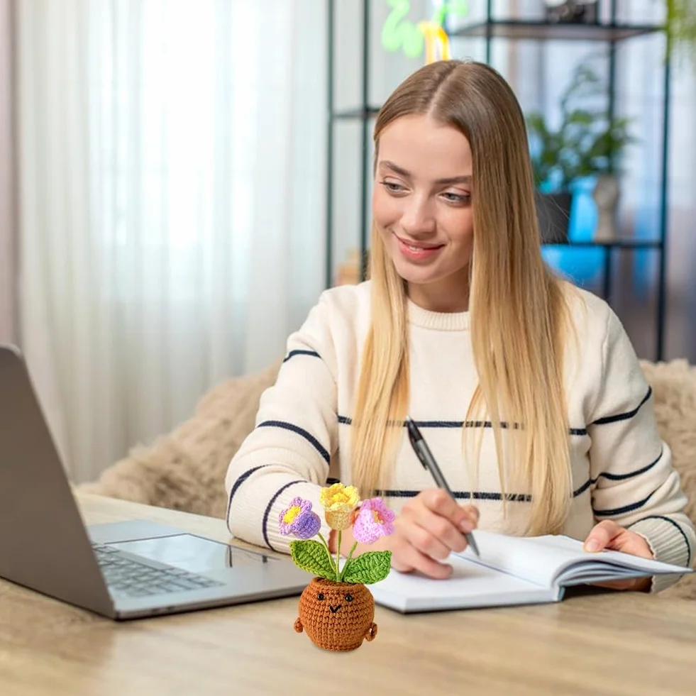 Fleurs au Crochet Faites à la Main dans un Pot, Cadeau Créatif pour Femme et Ado