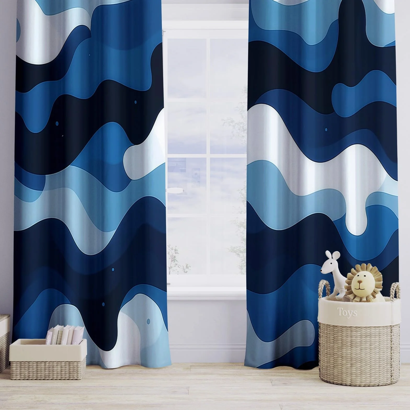 Rideaux Longs Occultants 140x260 cm 2 Panneaux Camouflage Moderne Blanc Bleu
