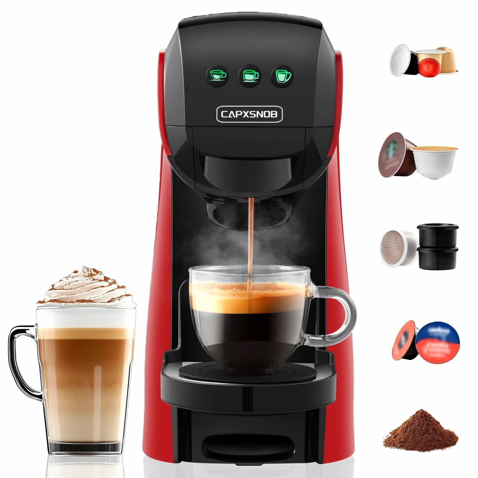 Warriors1 Machine à Café Capsule 5en1 pour Nespresso, Dolce Gusto, Lavazza A Modo Mio, FAP Espresso Point et Café Moulu, 20 bar, 0,8L, Température et Quantité Réglables, Compacte pour Maison et Bureau