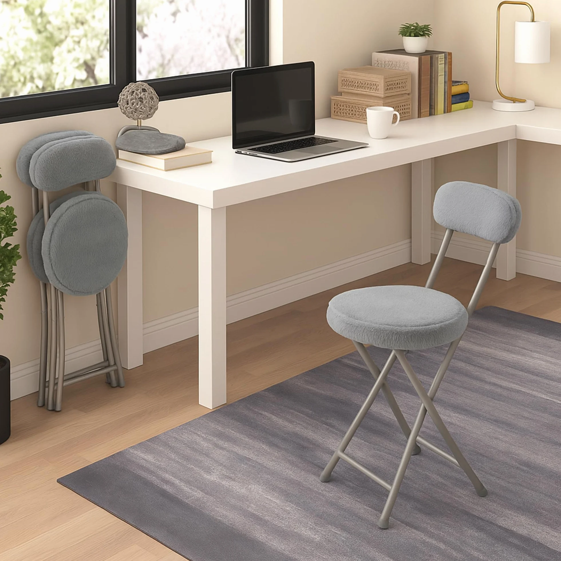 Meuble Cosy Lot de 4 Chaises Pliante Tabourets Pliable Coussin Rond en Fourrure avec Dossier et Repose-Pieds, Siège de 49 cm de Haut, Style Scandinave, Gris