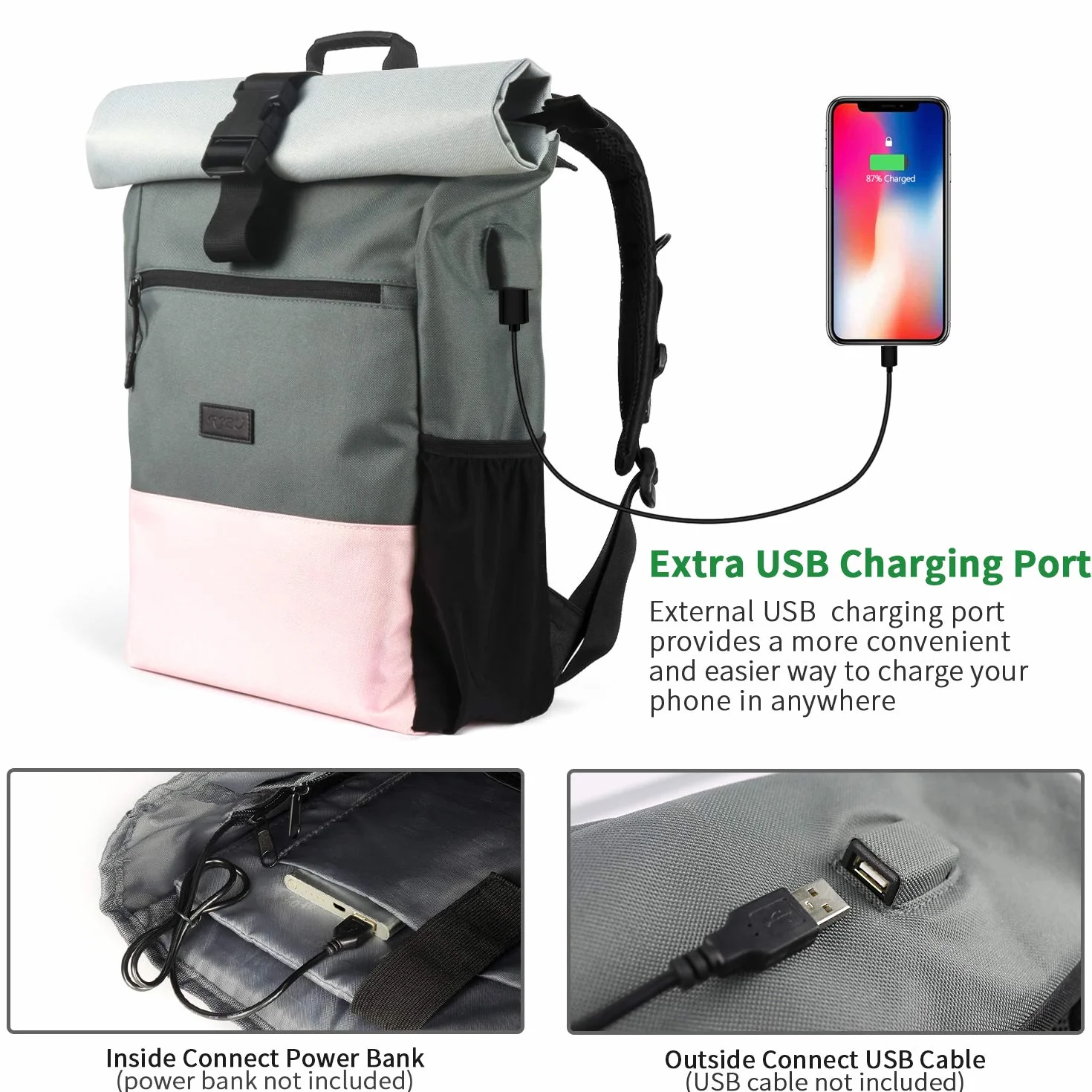 Plecak Rolltop Women, plecak na laptopa do laptopa 17,3 cala, plecak szkolny dla nastolatki z portem ładowania USB do pracy, uniwersytetu, szkoły, podróży, plecak sportowy (różowy szary-26L)