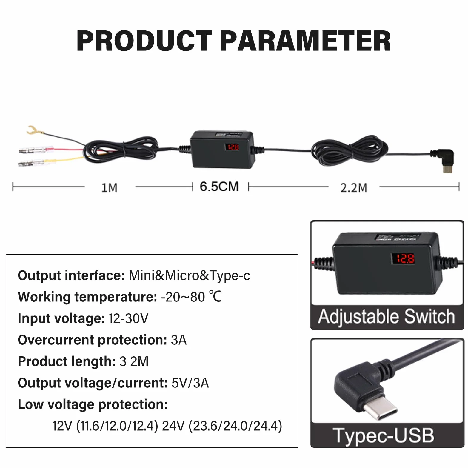 Zestaw okablowania kamery Dash Cam, zestaw mini USB Hardwire 12V-24V w 5V, z ochroną niskiego napięcia do kamery rozdzielczej, kablem zasilającym