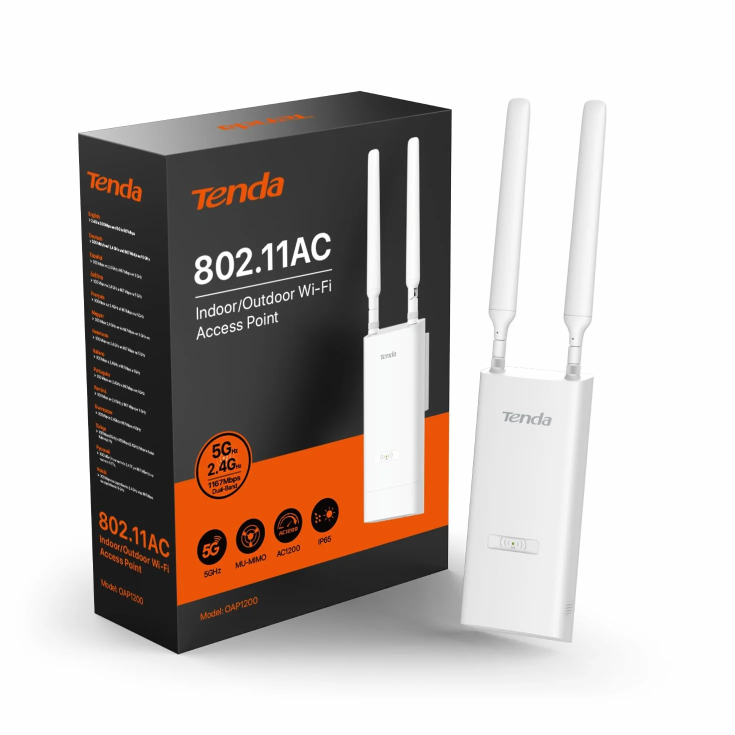Tenda OAP1200 zewnętrzny punkt dostępowy, Gigabit Dualband WLAN Access Point (AC1200, 802.3af/at PoE i 24 V/0,5 A pasywny PoE, wodoszczelność IP65, 1 port Gigabit), biały