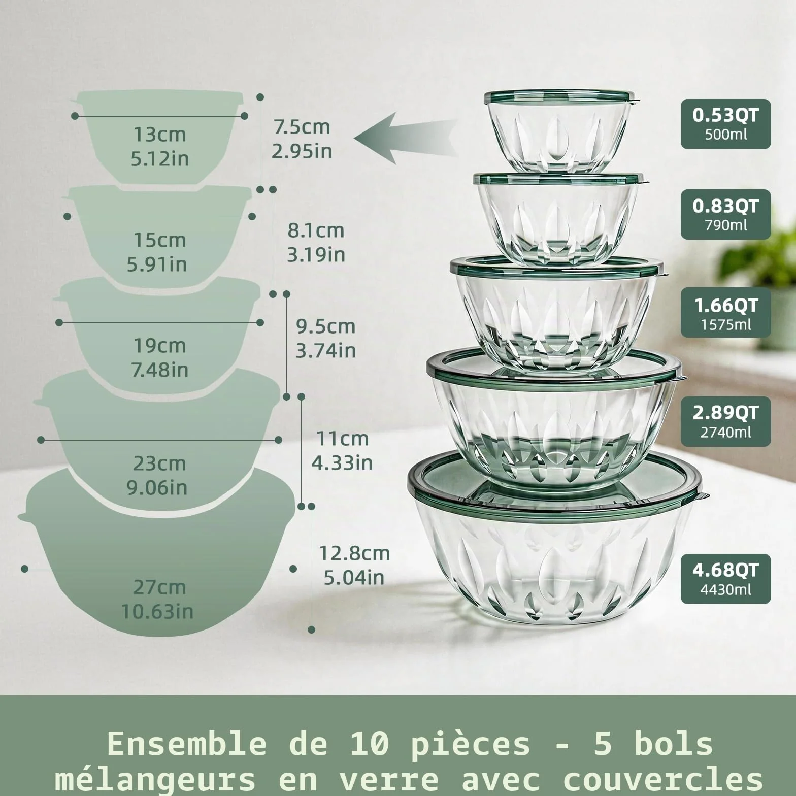 WhiteRhino Saladiers en Verre avec Couvercles,Lot de 5 (0,8L, 1,05L, 1,6L, 2,7L, 4,45L),Grand Bol à Salade Motif Forme en feuille&Couvercles verts Transparents,Bols Empilables pour Préparer,Cuisiner