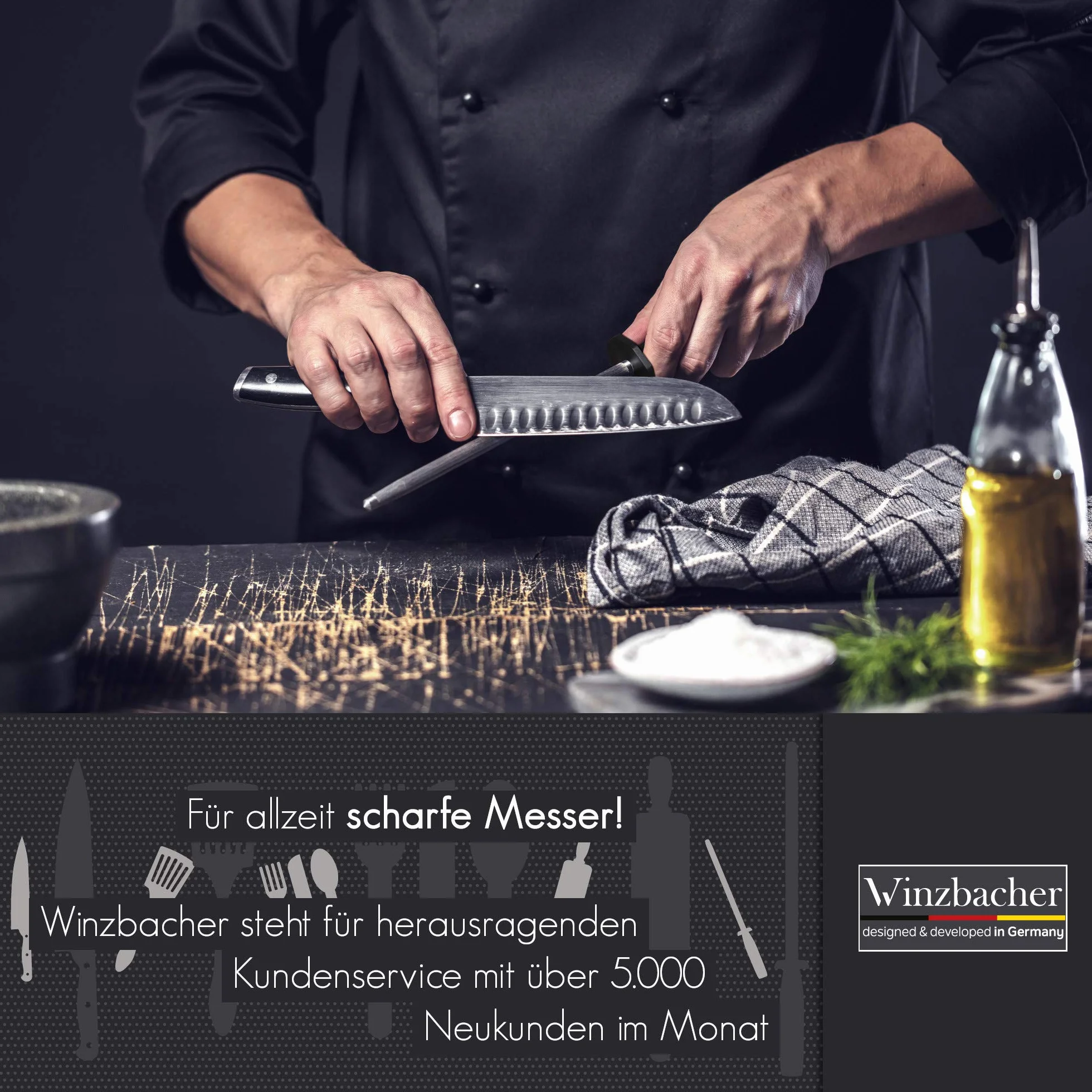 Winzbacher L'ORIGINAL Fusil à Aiguiseur professionnel 39cm acier spécial trempé Aiguiseur de couteaux Poignée ergonomique Soft-Touch Noir