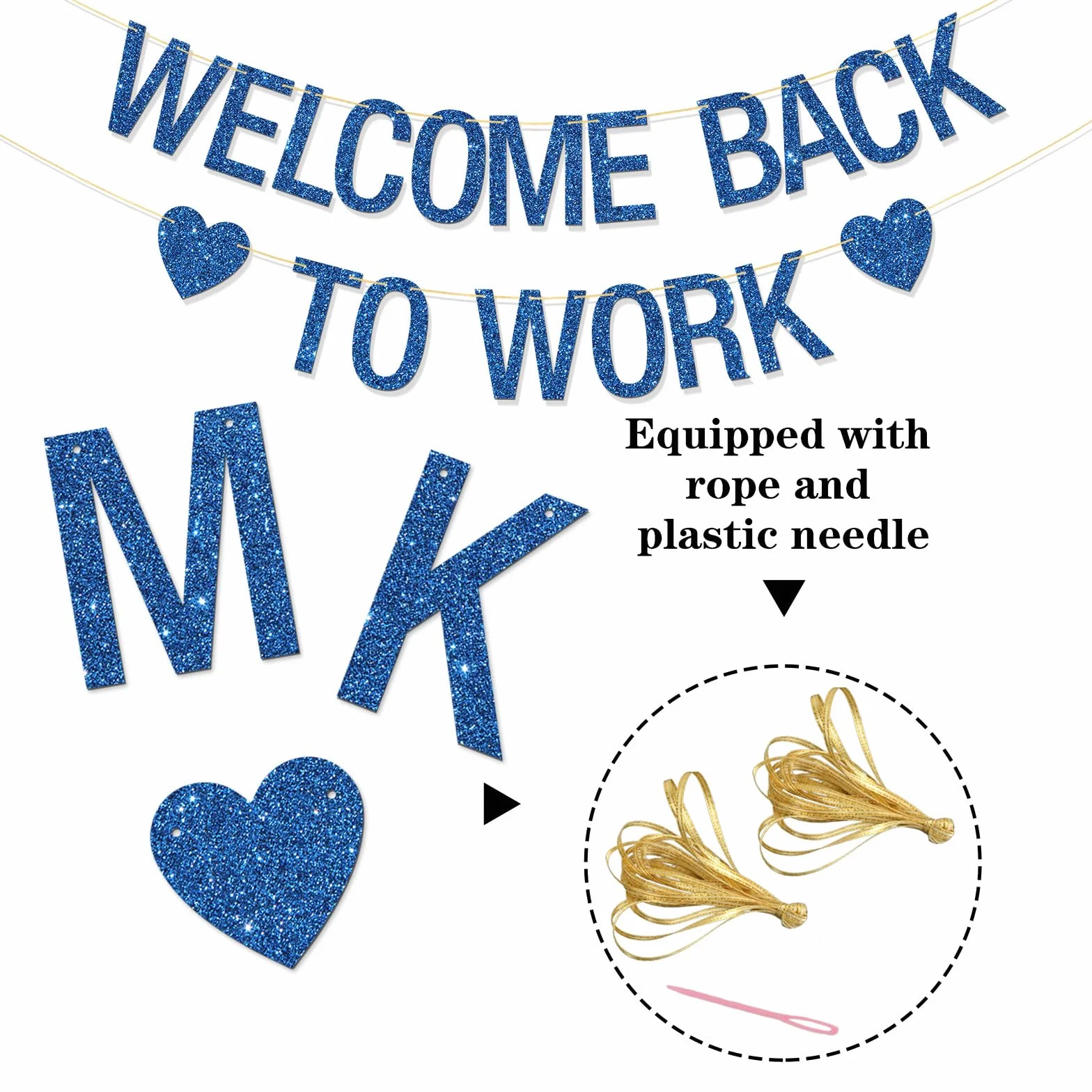Bannière Welcome Back to Work – Décorations de fête de bureau – Retour au travail – Paillettes bleues