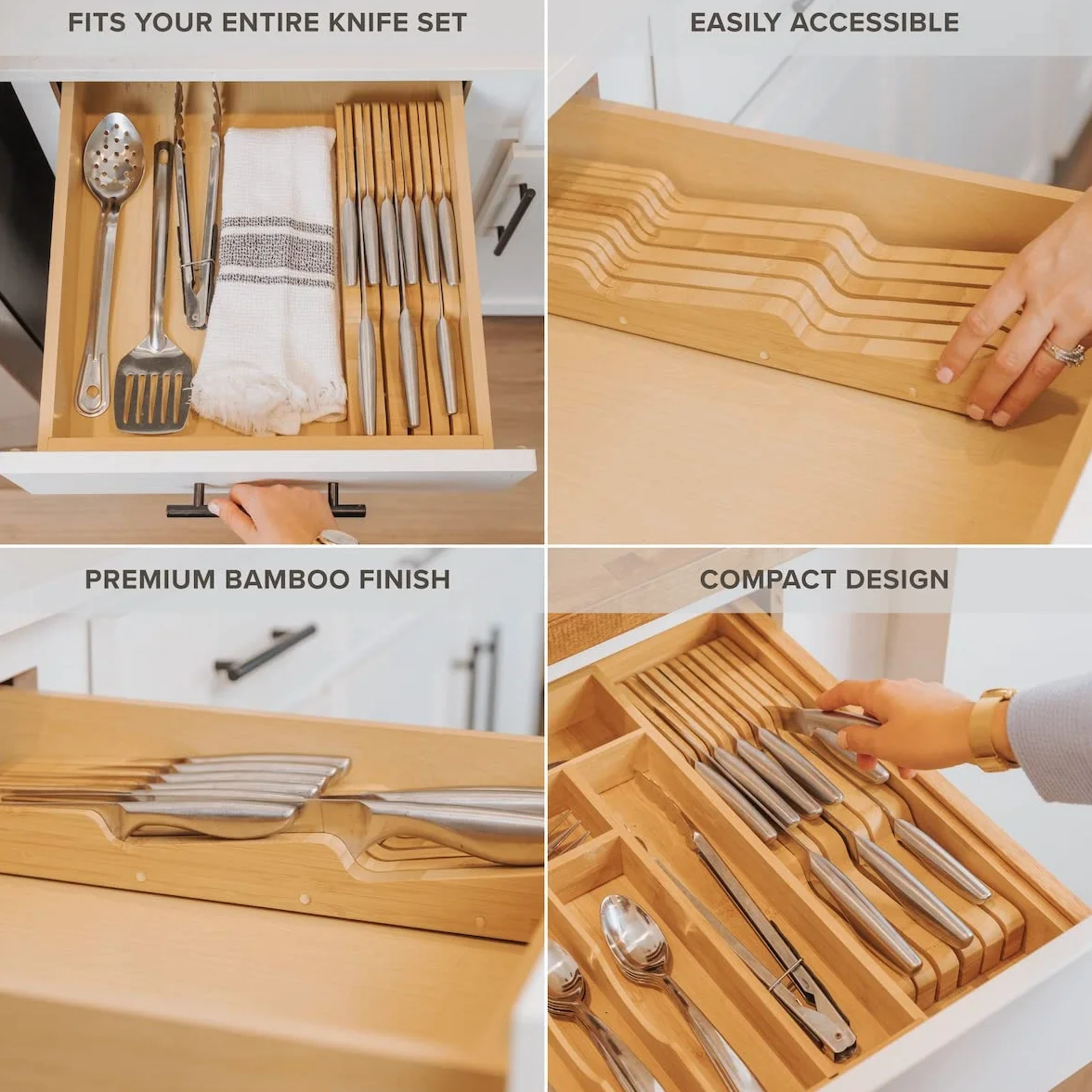 KitchenEdge Porte-Couteaux de Cuisine en Bambou Peut Contenir 5 Couteaux Longs + 6 Courts (Non Inclus) S’adapte à la Plupart des Tailles de Couteaux, Pieds en Caoutchouc, Bambou, Design Dans le Tiroir
