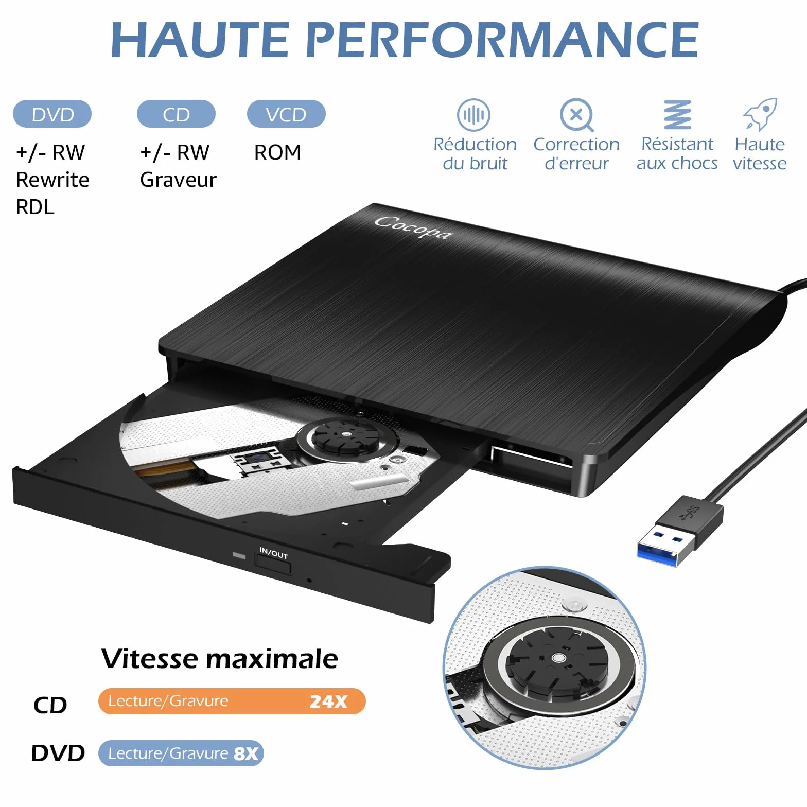 Cocopa Lecteur CD/DVD Externe USB 3.0 Graveur Enregistreur Portable Mince pour PC Mac