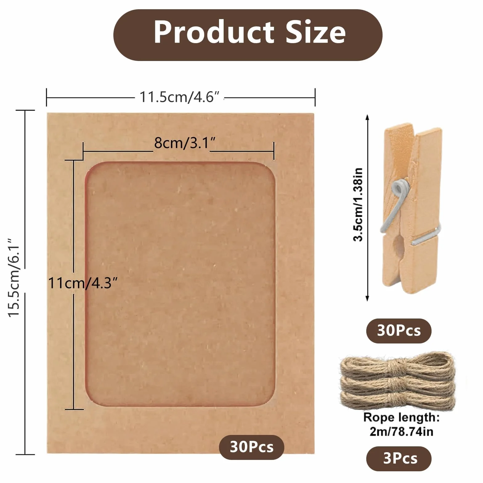 Cadre Photo en Papier Kraft DIY 10x15 30pcs avec Pinces Bois, Cordes Accrocher Photos pour Décoration Murale Kaki