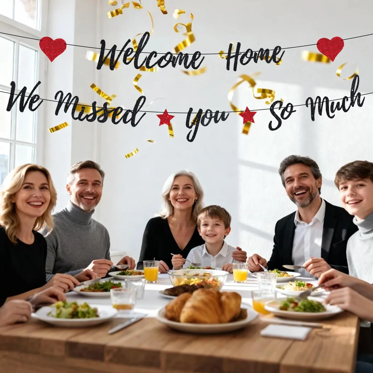 Bannière Bienvenue à la Maison tu Nous as Tellement Manqué, Pré-Enfilée en Papier Pailleté