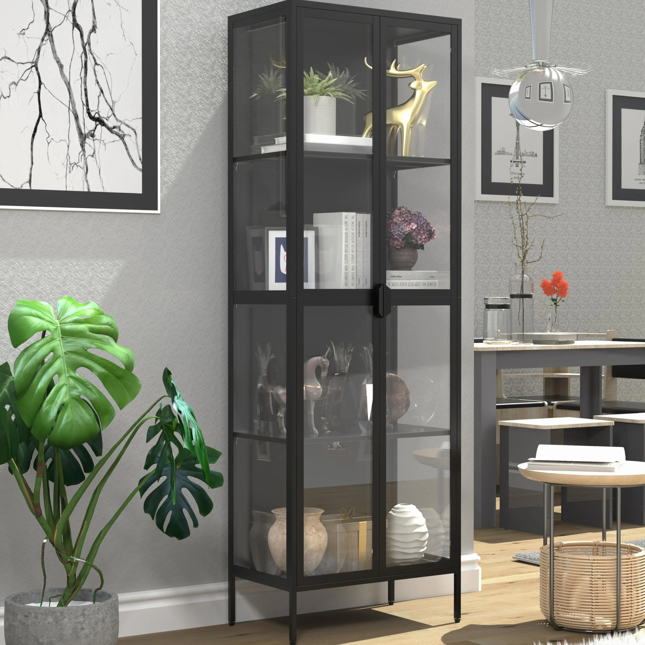 VCM vitrine en Verre Colonne Acier Verre vitrine vitrine de Collection vitrine de Verre vitrine 180x60x35 Floka XXL Noir