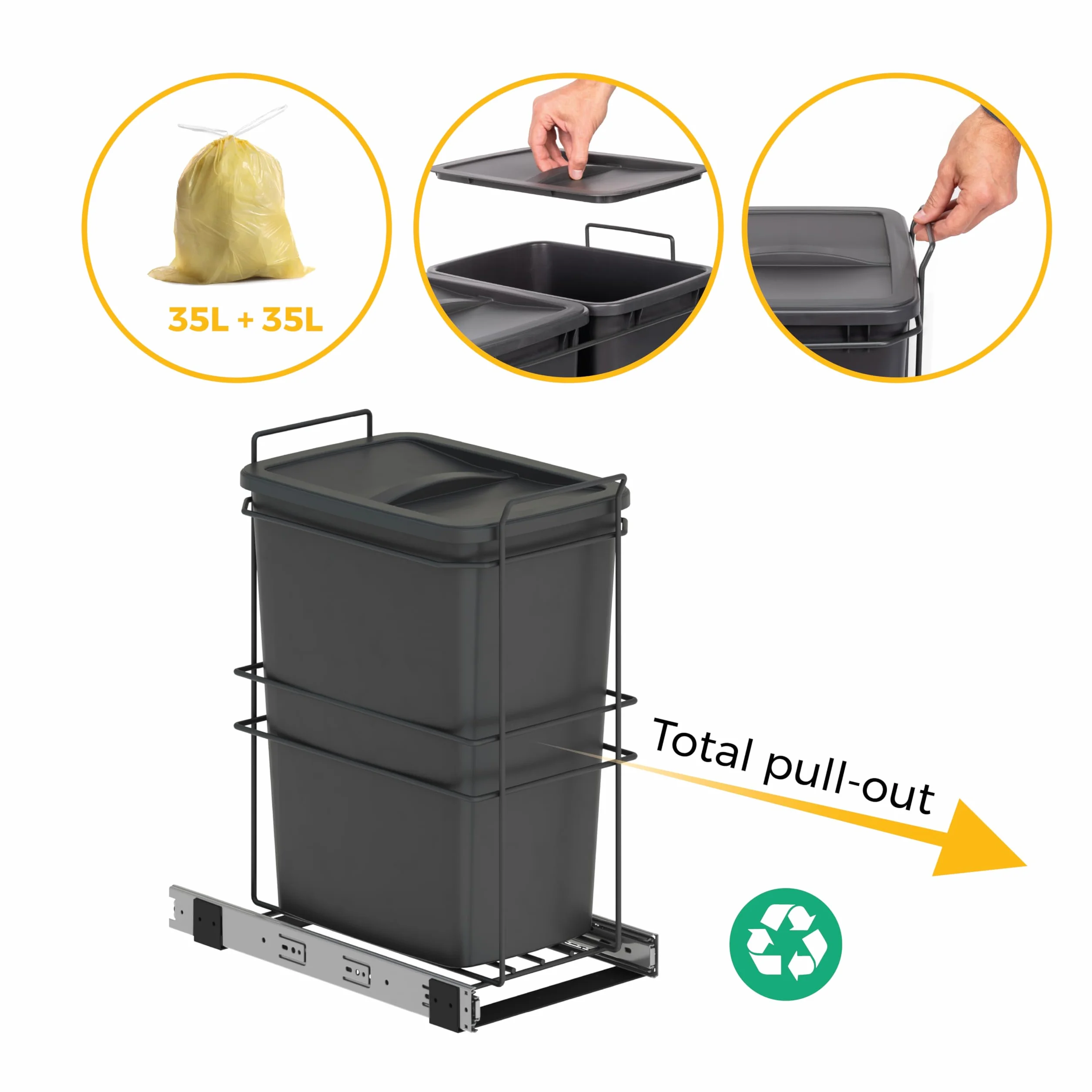 Emuca Poubelle de recyclage cuisine 35 L Plastique gris anthracite