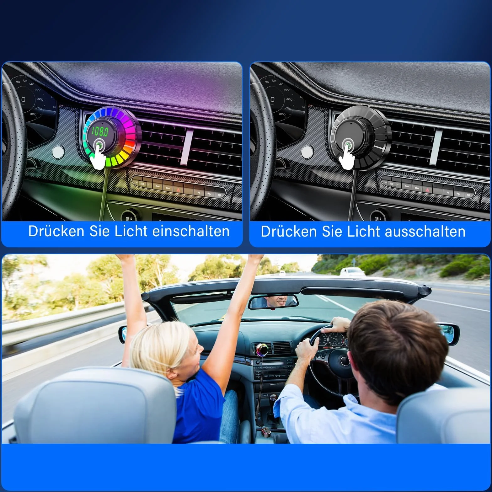Adapter Bluetooth samochodowy transmiter FM ze światłem RGB – zestaw głośnomówiący Bluetooth 5.3, PD30W USB-C i QC3.0, ładowarka samochodowa, adapter Bluetooth do iPhone Android radio samochodowe