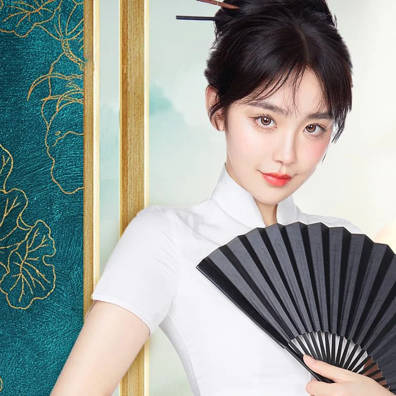 Éventails Pliants Noir 2 Pièces avec Sacs de Rangement - Éventail Japonais Chinois Pliant