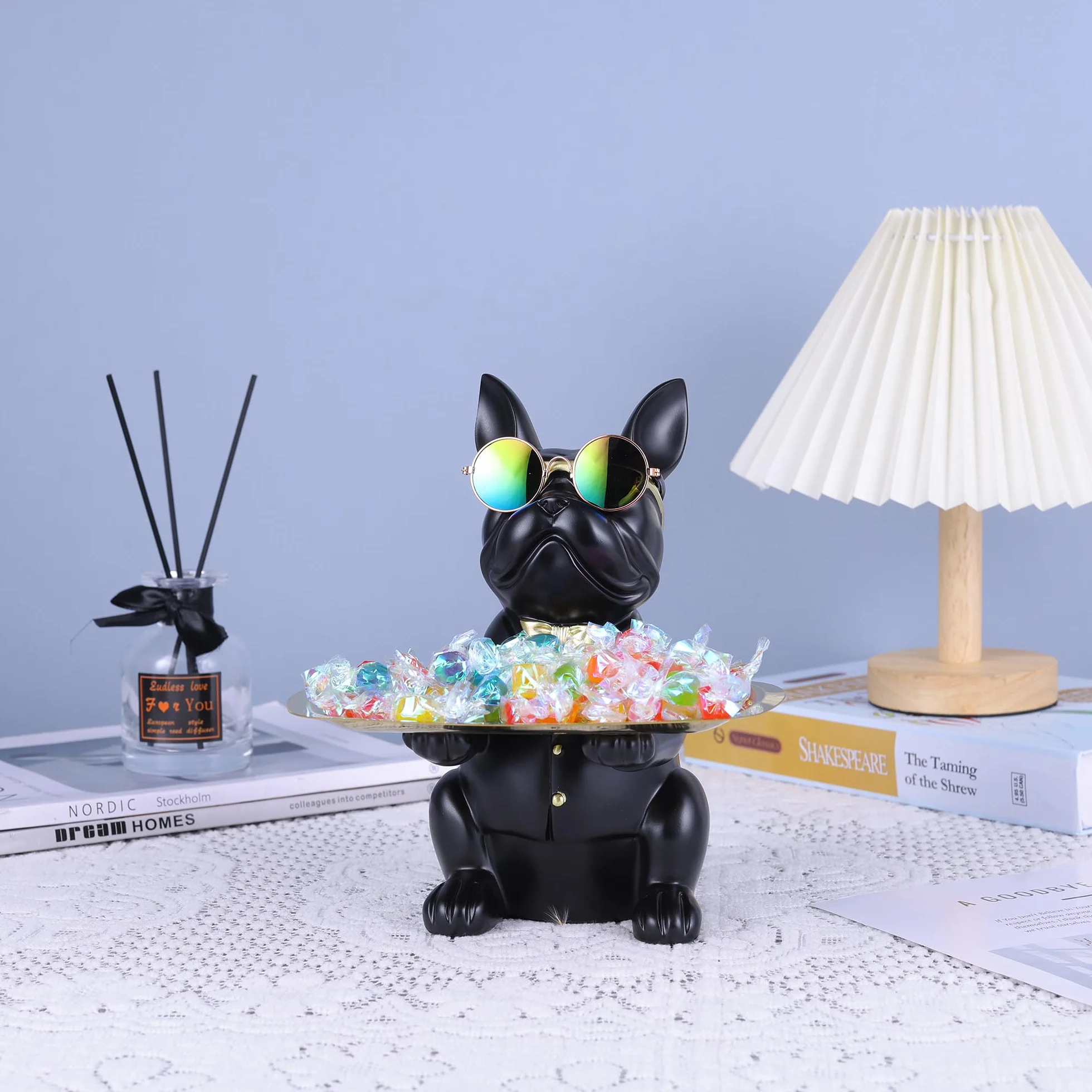 Bouledogue Statue Chien Plateau Décoratif Résine Clés Rangement Décoration Maison Moderne (Noir)