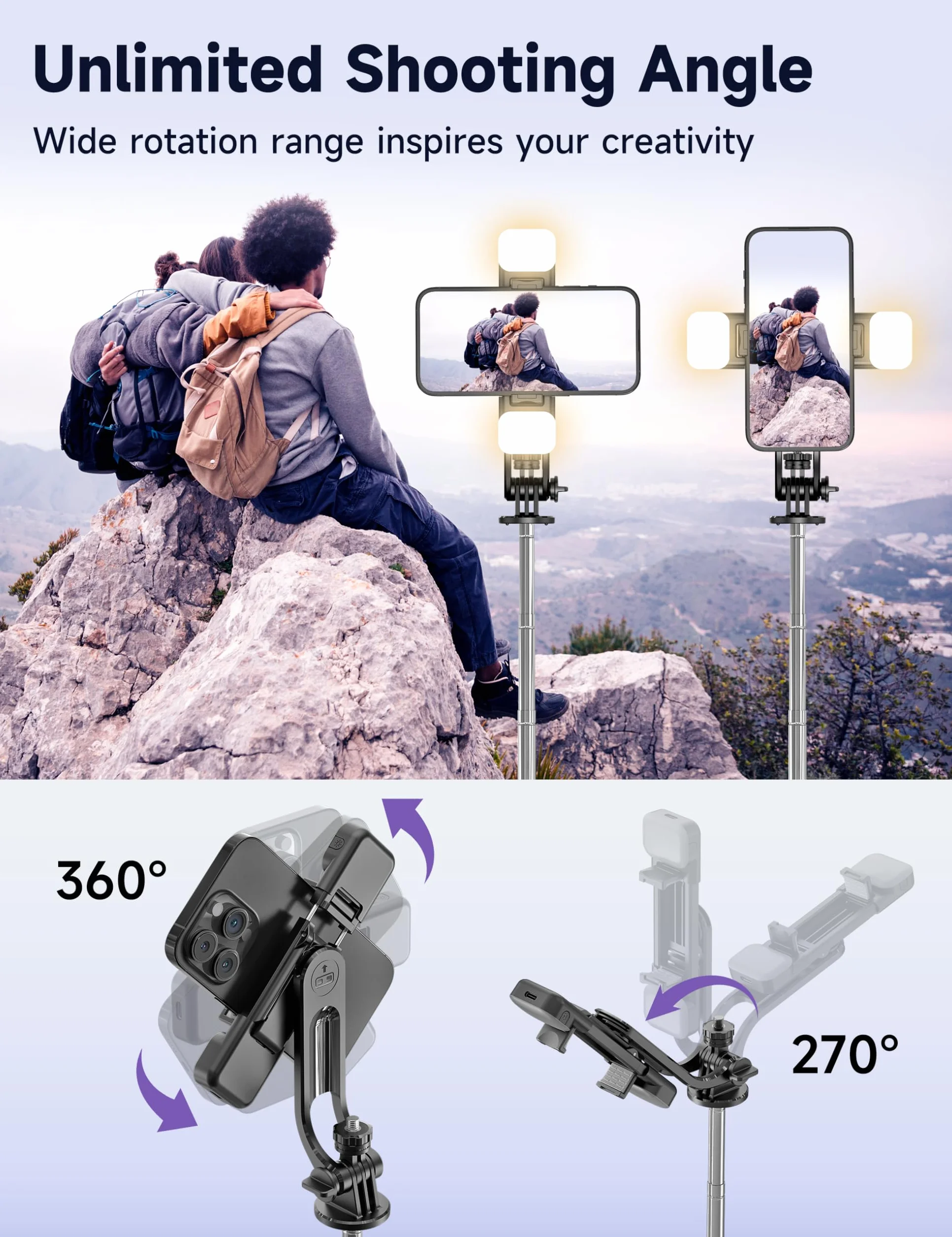 135CM Selfie Stick z 2 lampkami wypełniającymi, uniwersalny statyw do telefonu komórkowego z odłączanym pilotem zdalnego sterowania, przenośny statyw do telefonu komórkowego, stabilny uchwyt do selfie