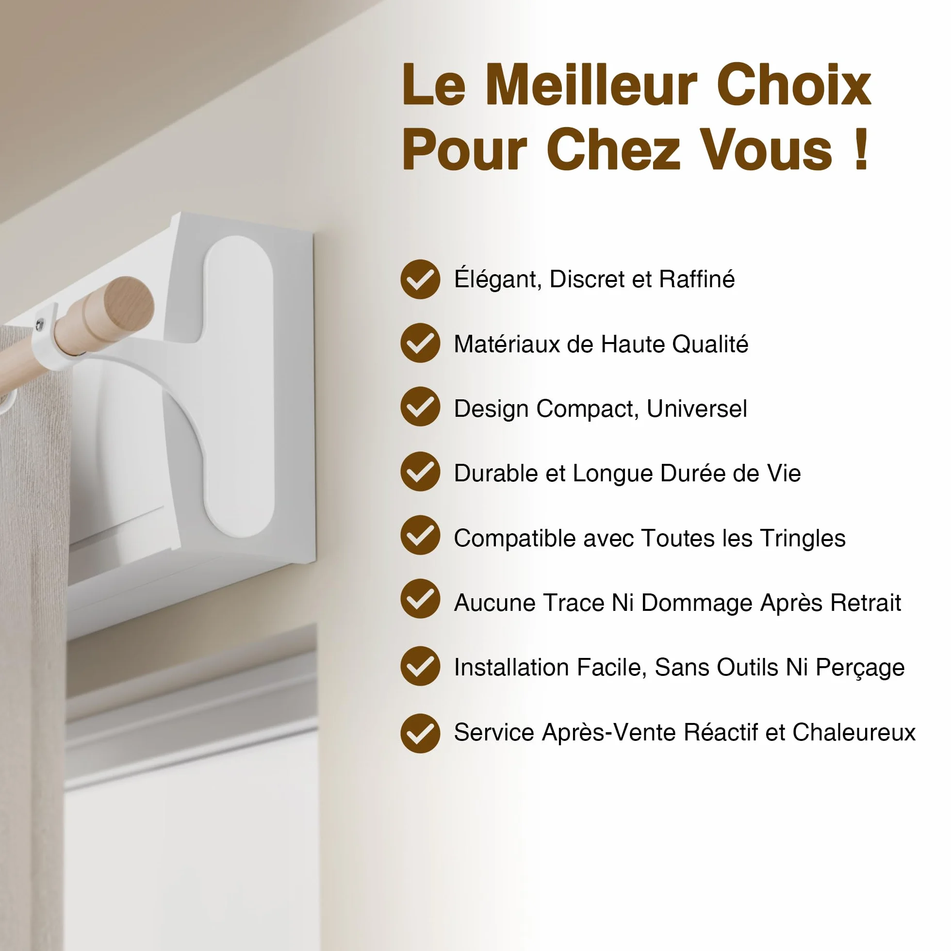 Tringle Rideaux Sans Perçage pour Coffre Volet Roulant - Fixation Auto-adhésive, Lot de 2, Barres 19-28 mm, Métal Résistant, Blanc