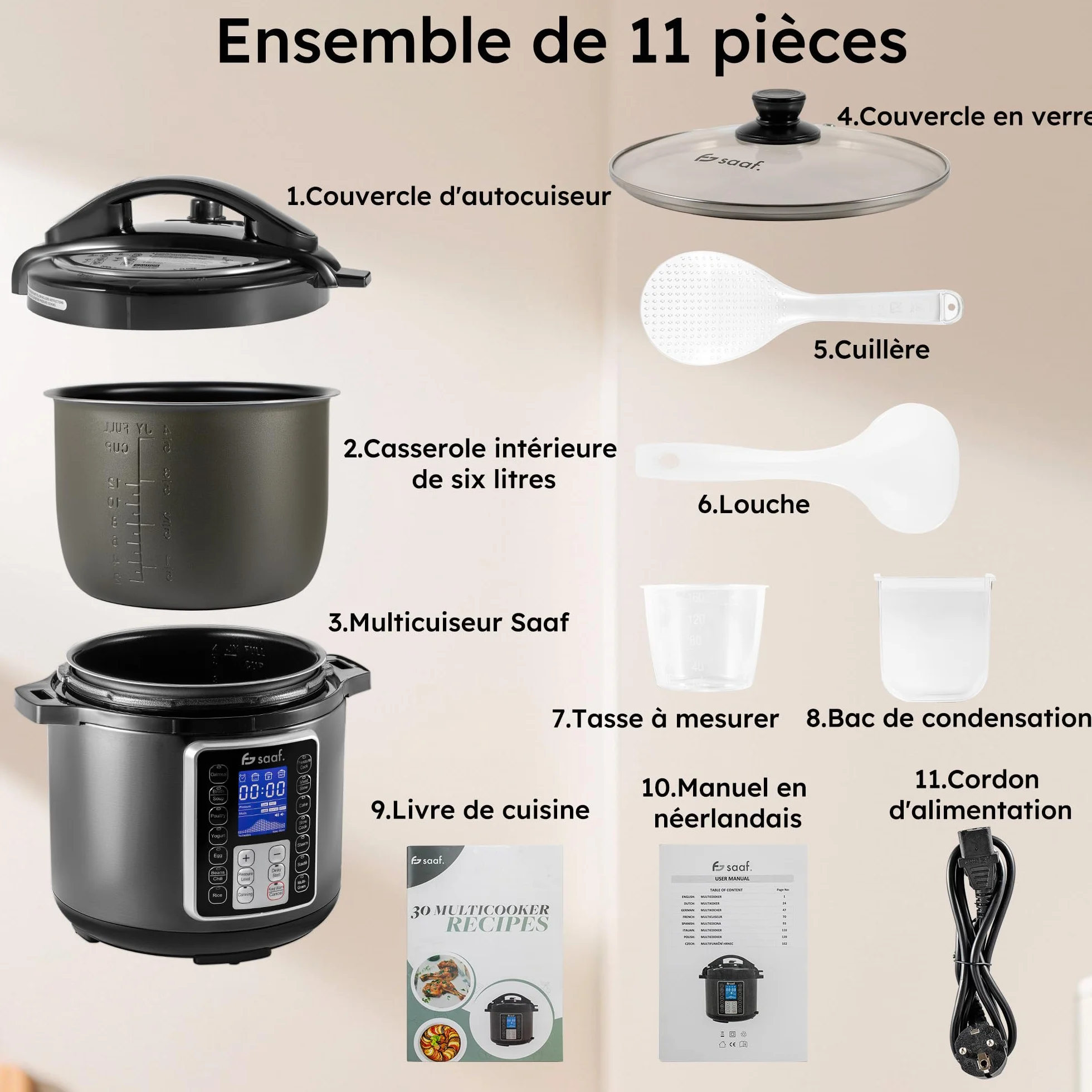 Saaf Multicuiseur – Set 11 Pièces – 12 Programmes – Slowcooker, Cuiseur à Riz, Vapeur & Cocotte-Minute – 6L – Avec Couvercle, Cuve, Cuillère, Verre Doseur & Livre de Recettes – Écran Digital