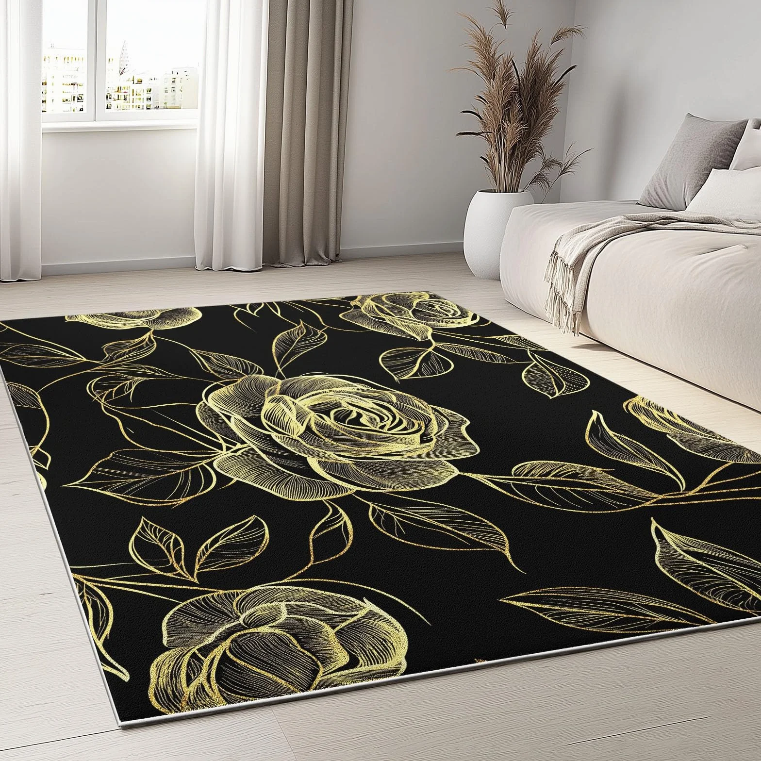 Tapis à Poils Ras, Conception de Lignes De Rêve De Roses Motif, Tapis Rectangulaire, Tapis Salon-Salle à Manger ou Adulte Chambre 140 x 200 cm Poil Court Léger Résistant Fin Doux, Noir Or