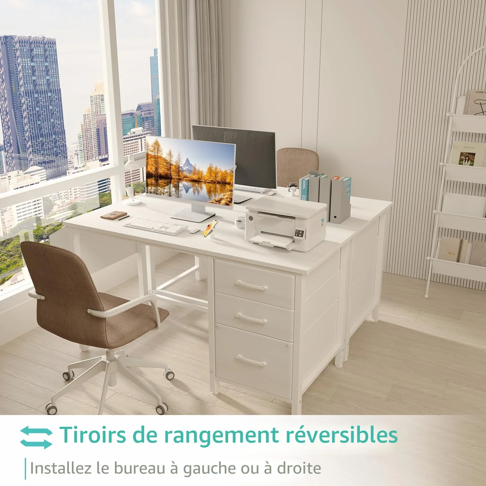 Lufeiya Blanc Bureau avec Rangement 120cm avec Tiroir pour Ordinateur Gaming