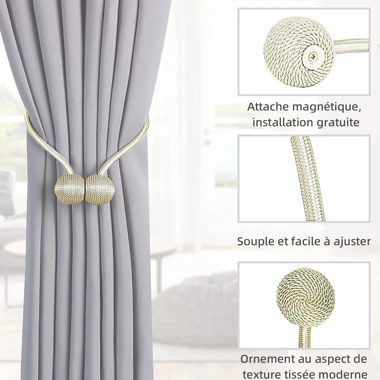 TopHomer Lot de 2 Embrasses Rideaux Magnétiques Polyester Beige