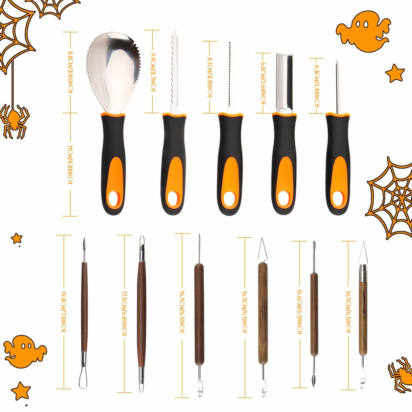 Kit sculpture citrouille 11 pièces acier inoxydable Halloween, couteau découper cuillère poignée ergonomique