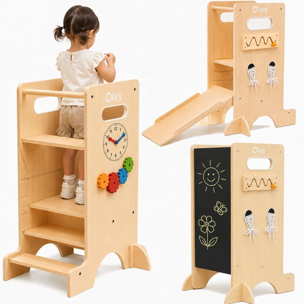 Tour d'apprentissage Montessori 4 en 1 Olvy Kids - Échelle en Bois - Tabouret escabeau à 4 marches - Tour de Cuisine pour Enfants - Tour d'apprentissage Debout pour Enfants à partir de 1 an