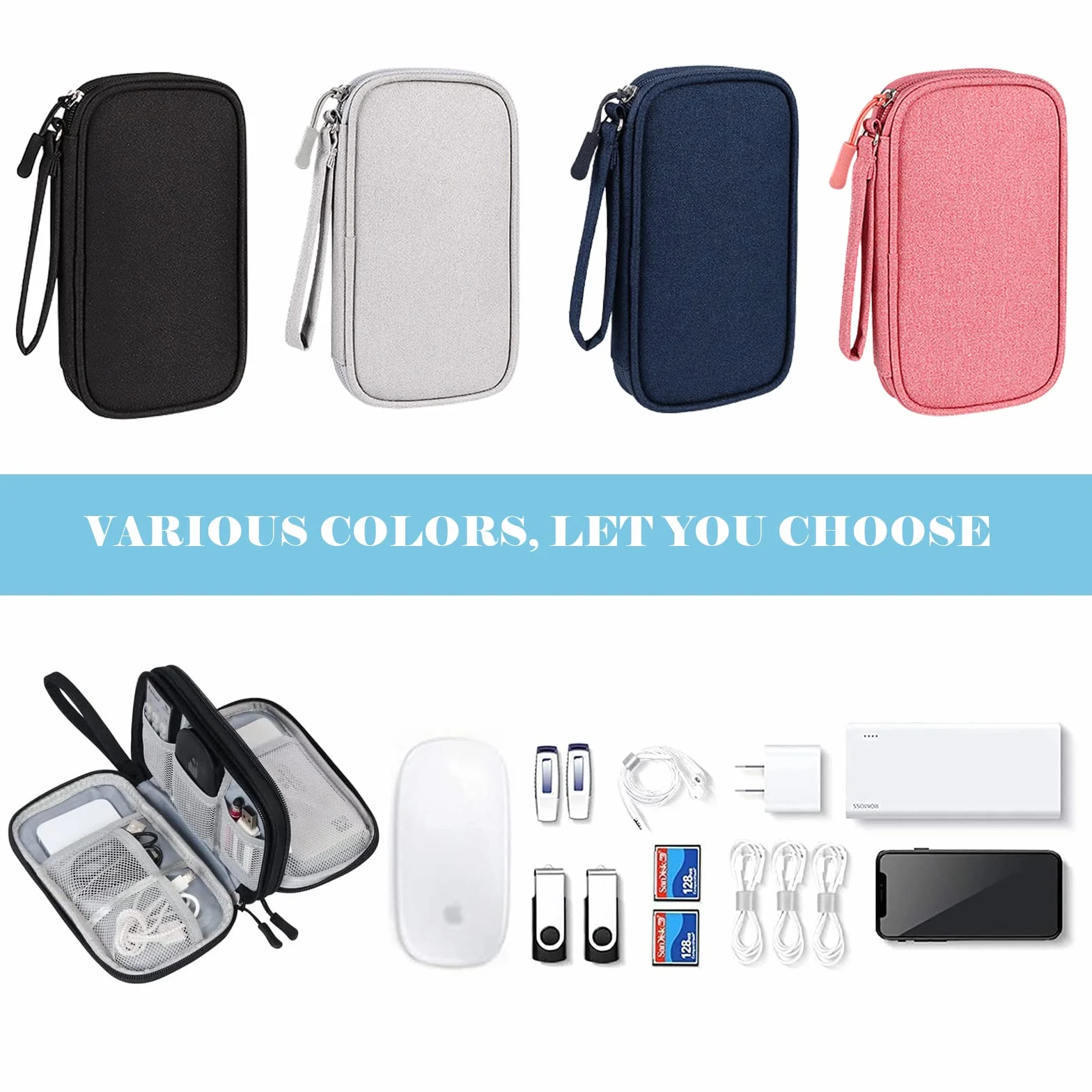 Torba na kabel, torba elektroniczna, wodoszczelna torba organizer na kable, uniwersalna, podwójna warstwa, podróżna, akcesoria elektroniczne, torba na telefon komórkowy, kabel do ładowania USB, zestaw słuchawkowy Powerbank (granatowy)